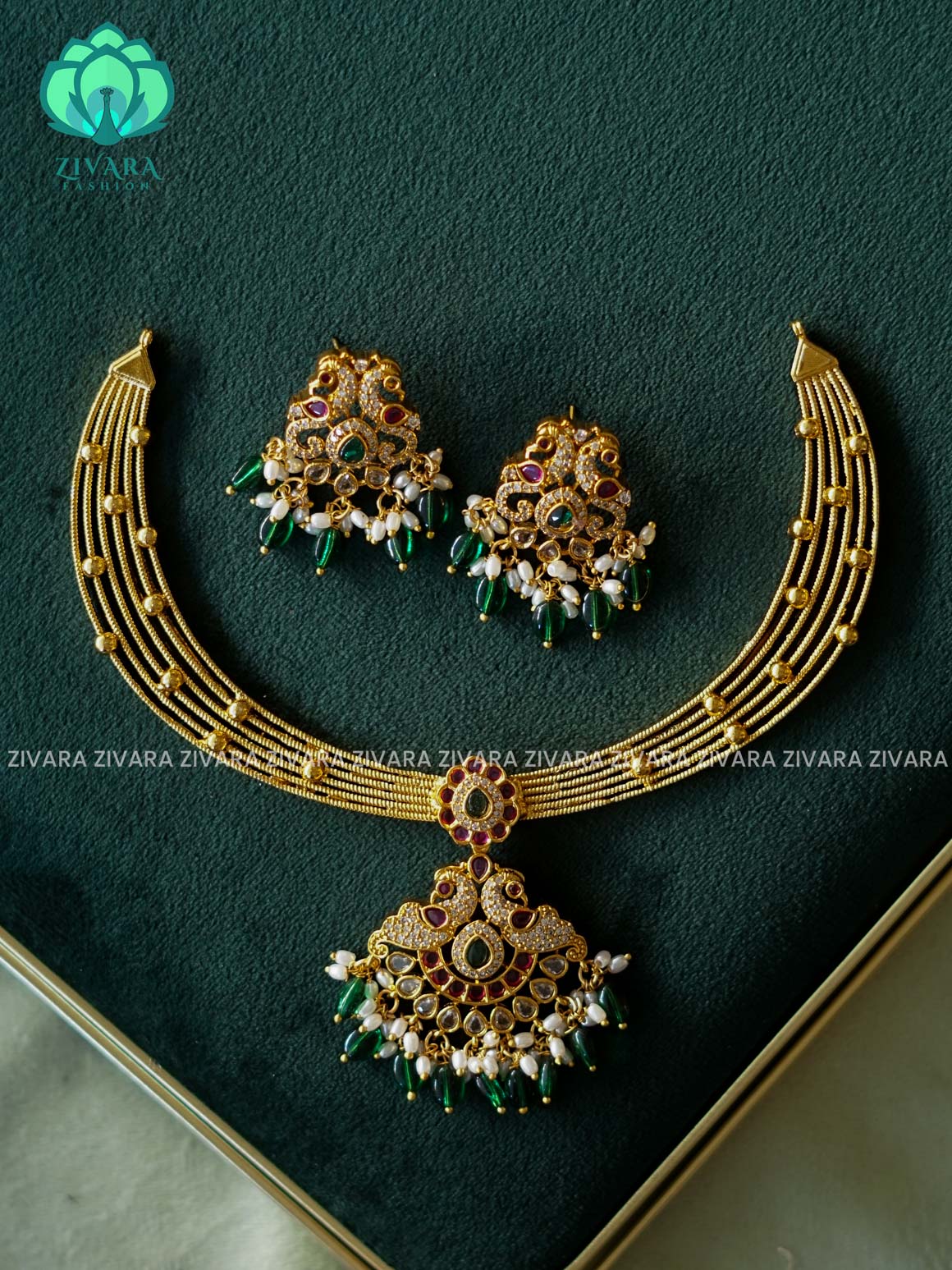 AKSHAYAM - GREEN BEADS REAL KEMP HASLI   -Traditional south indian premium neckwear with earrings- Zivara Fashion- latest jewellery design.