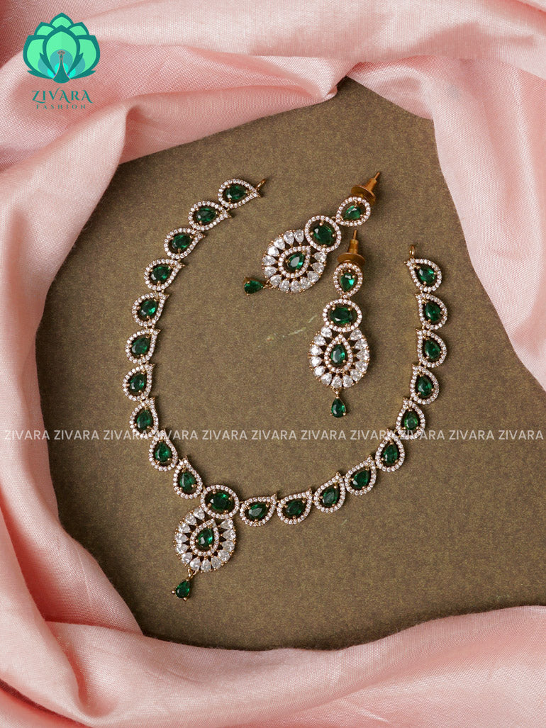 GREEN - RAINDROP  - Ultra premium victoria finish dark polish trending neckwear collection- bridal collection- Zivara FashioN