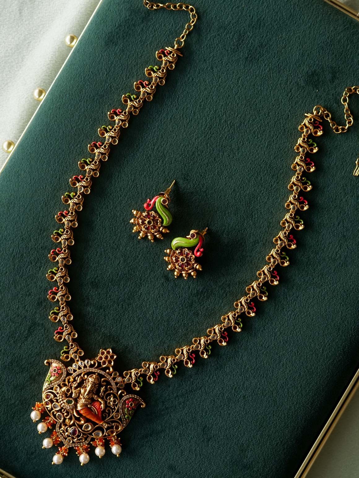 MADHURYA - GANESHA HAND PAINTED TEMPLE BRIDAL - Traditional PREMIUM MATTE polish MIDCHEST haaram/neckwear with earrings- Zivara Fashion