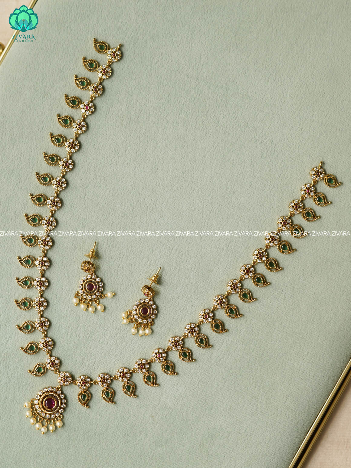 ANANYA SERIES - DARK GREEN MANGO PALAKKA - Traditional PREMIUM  MATTE polish MIDCHEST haaram/neckwear with earrings- Zivara Fashion