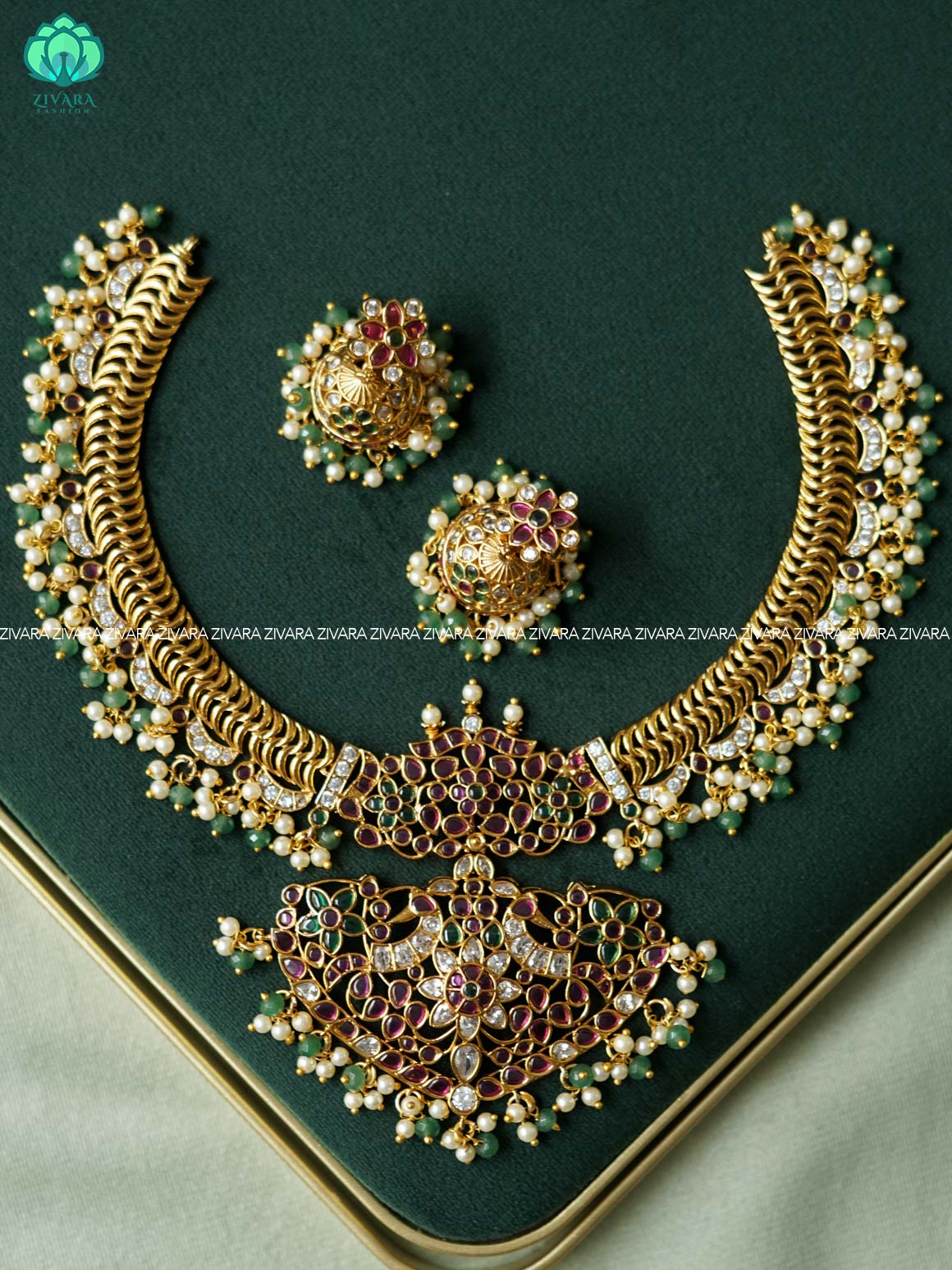 AKSHAYAM - GREEN BEADS PEACOCK HEAVY REAL KEMP  BRIDAL HASLI -Traditional south indian premium neckwear with earrings- Zivara Fashion- latest jewellery design