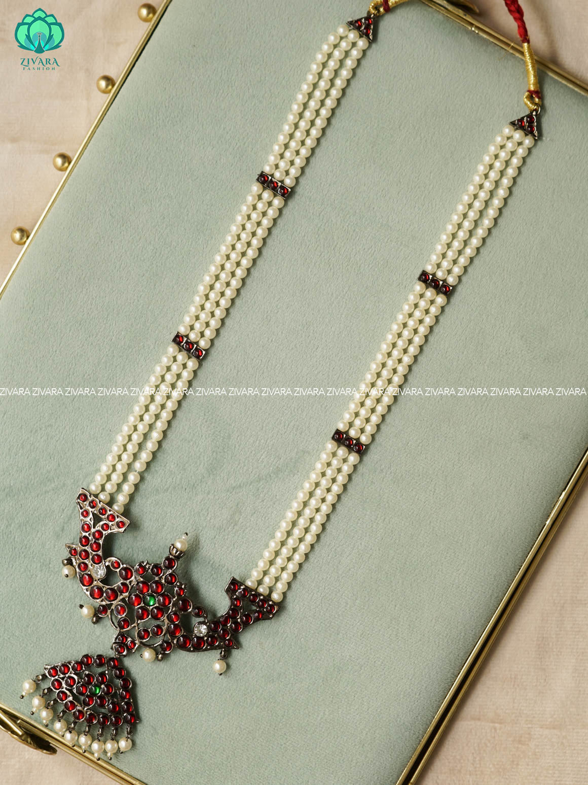 RED AND GREEN BLACK - RUKMANI- MOTIF HAARAM HANDMADE LONG NECKWEAR- latest kemp dance jewellery collection