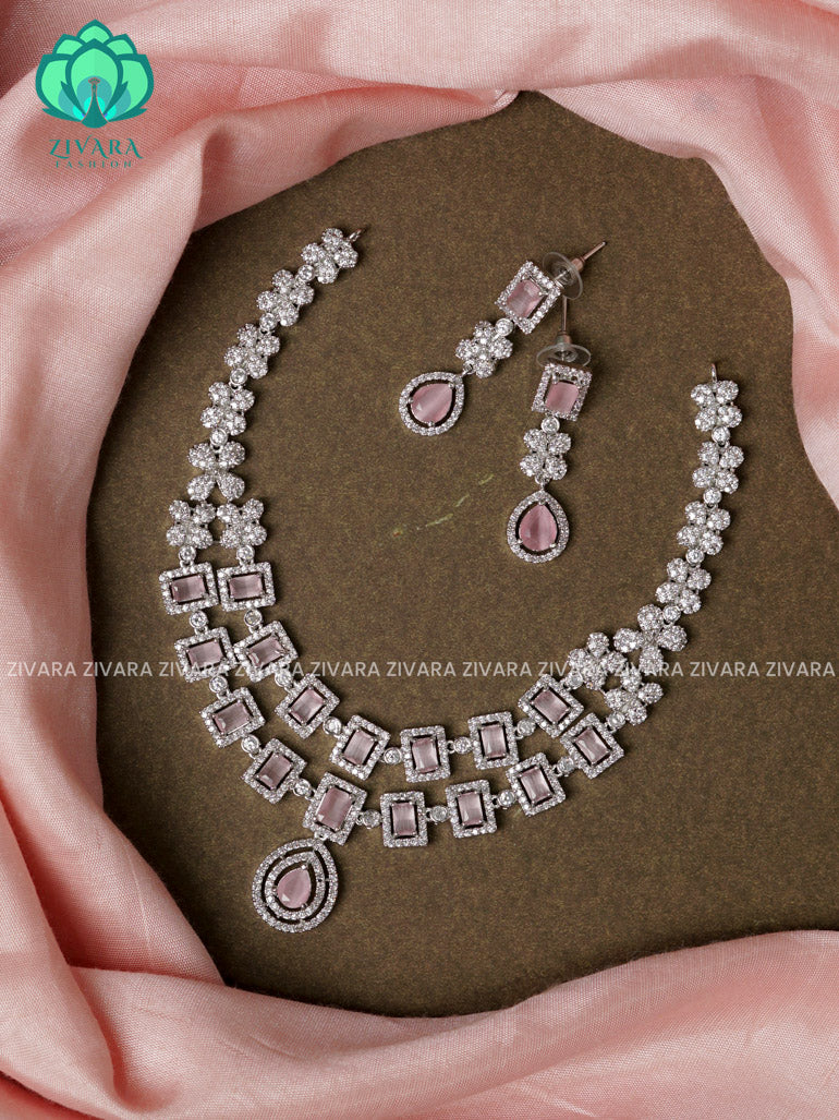 PASTEL PINK -TWO STEP - Ultra premium SILVER polish trending neckwear collection- bridal collection- Zivara FashioN