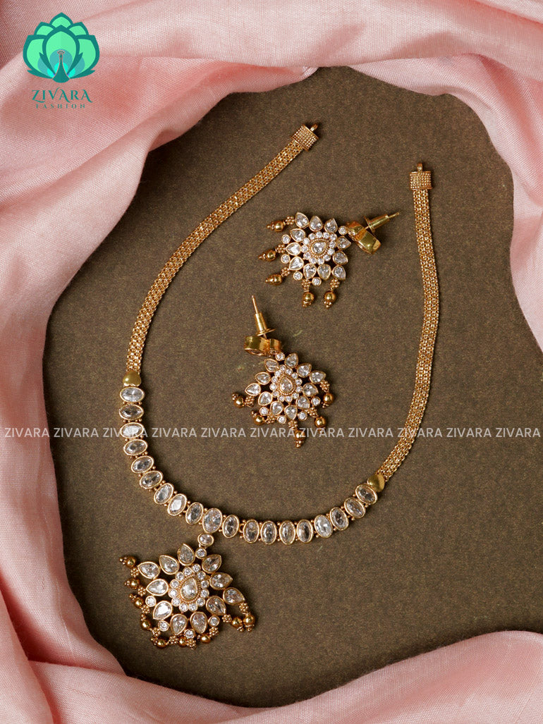 White stone pendant-semi attigai - Traditional south indian premium neckwear with earrings- Zivara Fashion- latest jewellery design