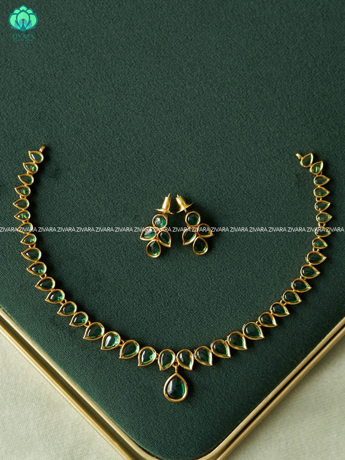 GREEN STONE LEAF HOTSELLING -PREMIUM SUBTLE GOLD FINISH  stylish and minimal elegant neckwear with earrings- Zivara Fashion