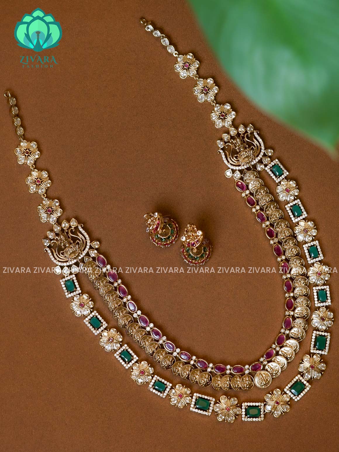 BRIDAL STEP TEMPLE  - Traditional PREMIUM MATTE polish MIDCHEST haaram/neckwear with earrings- Zivara Fashion