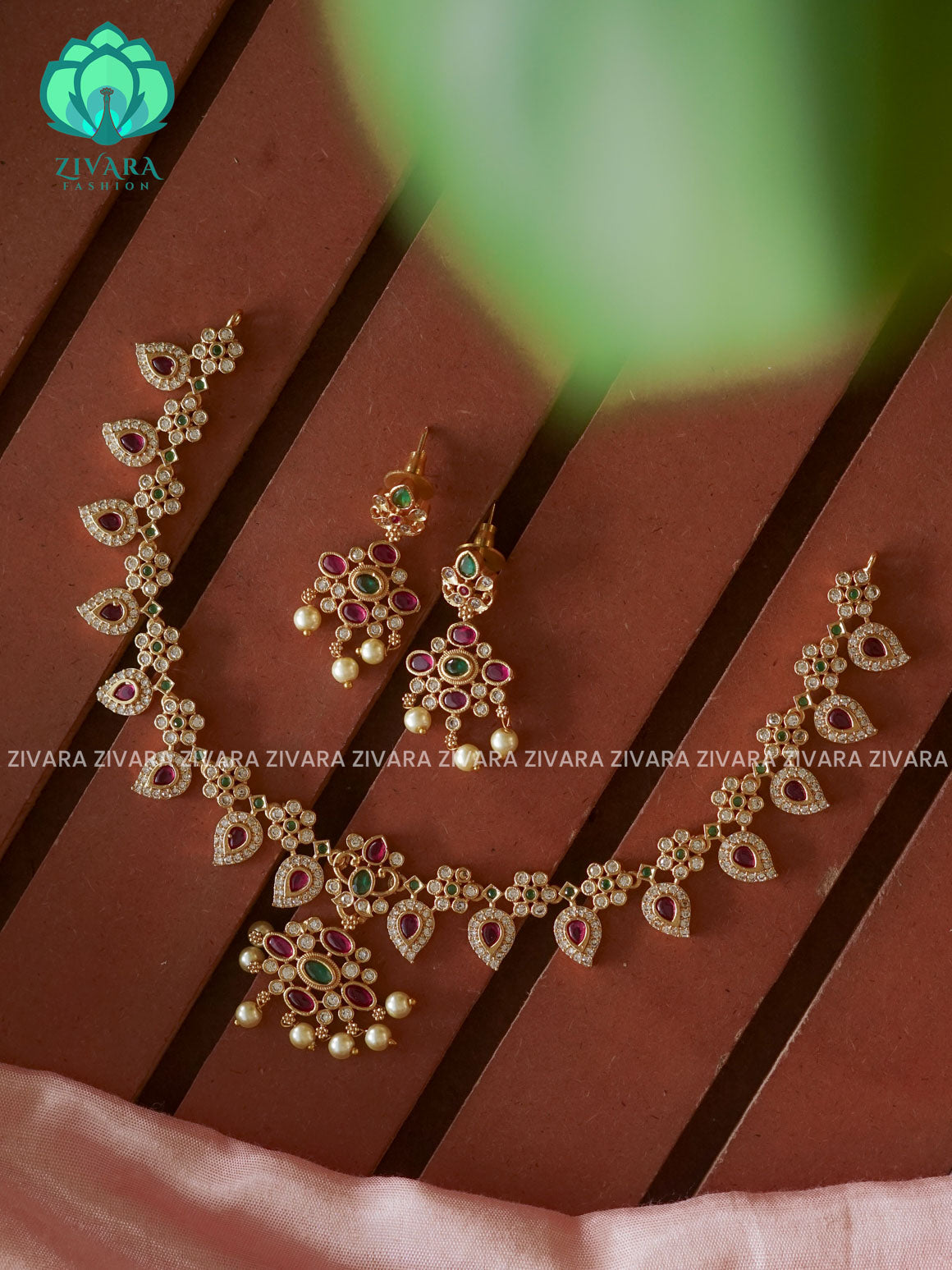 STONE MANGO NECK WEAR WITh EARRINGS   - Premium quality CZ Matte collection-south indian jewellery