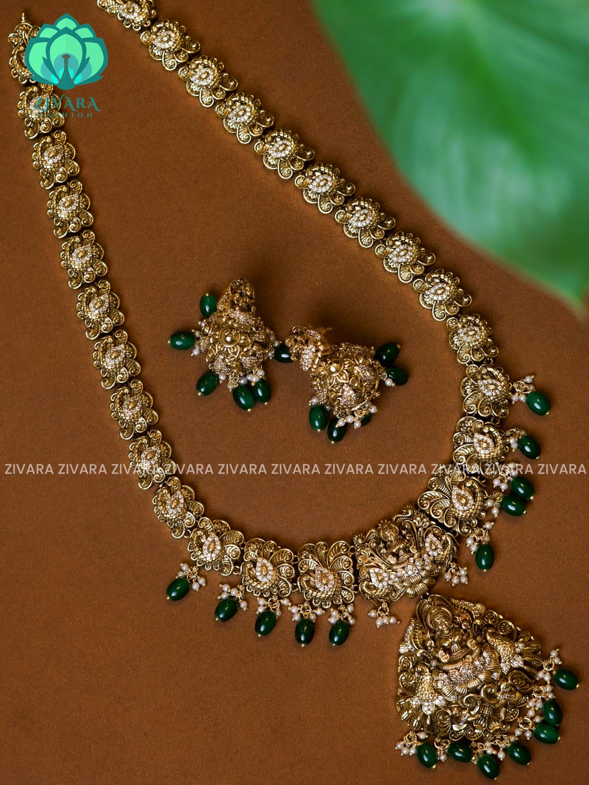 TEMPLE VINTAGE GREEN BEADS - Traditional PREMIUM MATTE polish MIDCHEST haaram/neckwear with earrings- Zivara Fashion