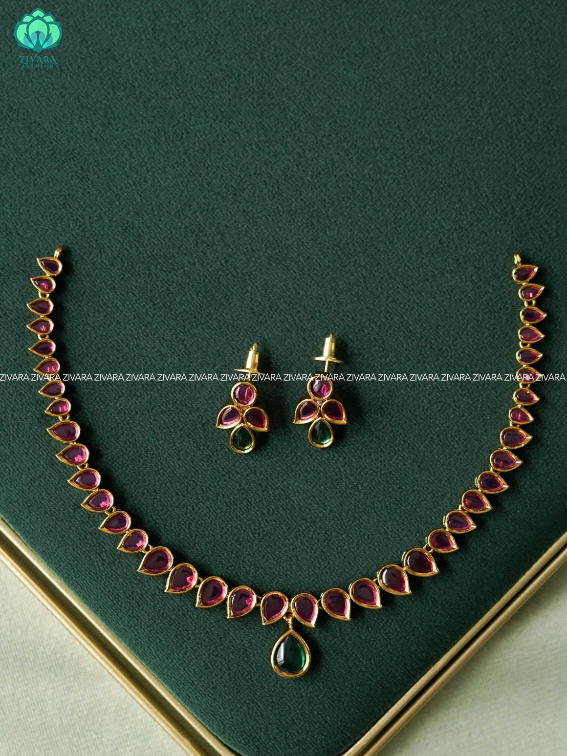 RUBY GREEN  LEAF HOTSELLING -PREMIUM SUBTLE GOLD FINISH  stylish and minimal elegant neckwear with earrings- Zivara Fashion
