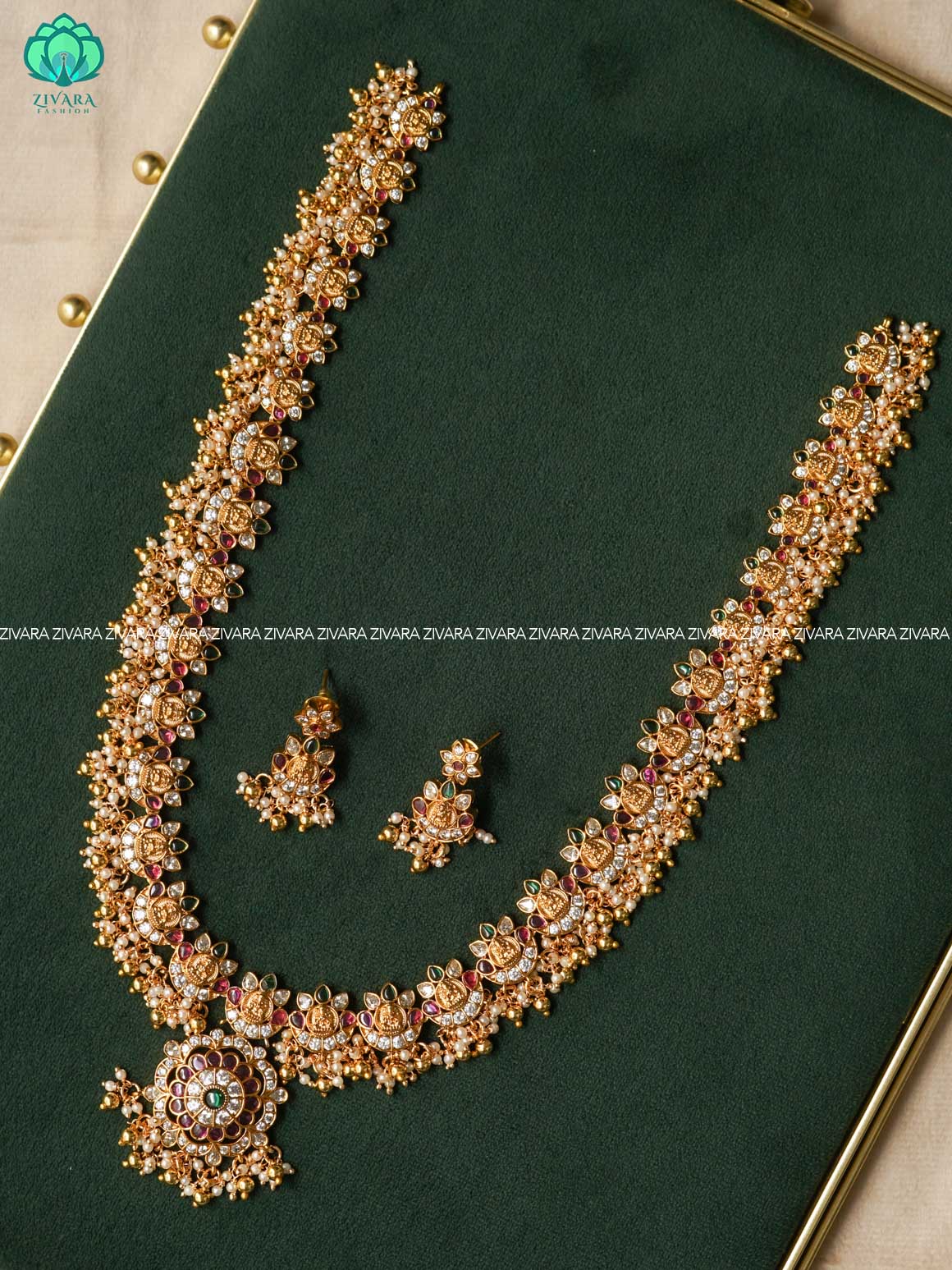 TEMPLE HAARAM WITH BEAD HANGINGS - Traditional PREMIUM MATTE polish MIDCHEST haaram/neckwear with earrings- Zivara Fashion