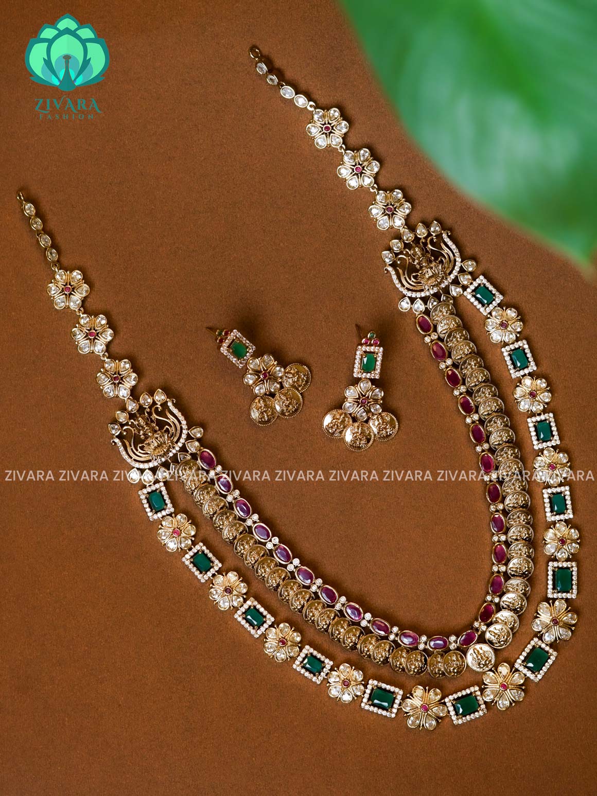 BRIDAL STEP TEMPLE  - Traditional PREMIUM MATTE polish MIDCHEST haaram/neckwear with earrings- Zivara Fashion