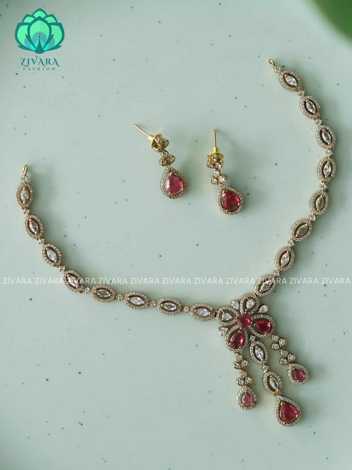 RUBY DIAMOND REPLICA - stylish and minimal elegant neckwear with earrings- Zivara Fashion
