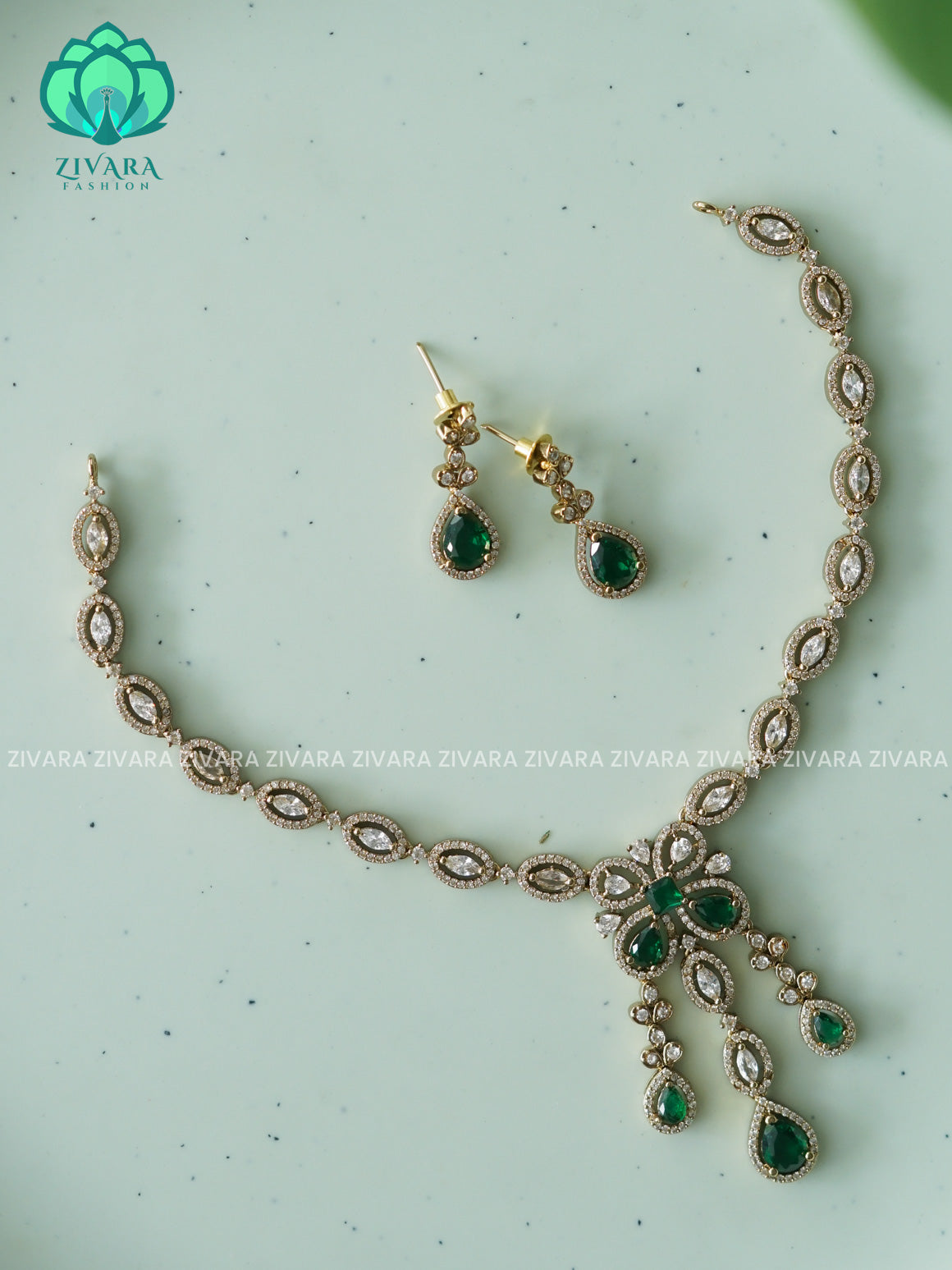GREEN  DIAMOND REPLICA - stylish and minimal elegant neckwear with earrings- Zivara Fashion