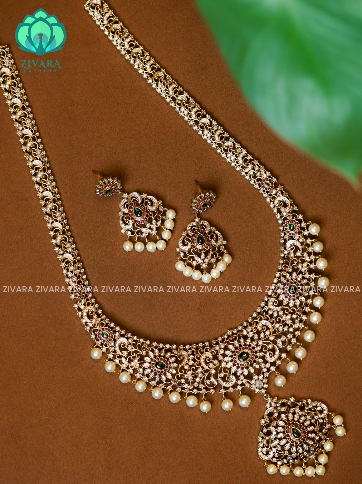 STONE BRIDAL HAARAM - Traditional GOLD polish MIDCHEST haaram/neckwear with earrings- Zivara Fashion