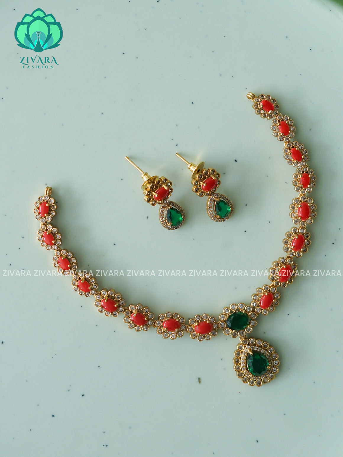 Coral and green  -Traditional south indian premium neckwear with earrings- Zivara Fashion- latest jewellery design