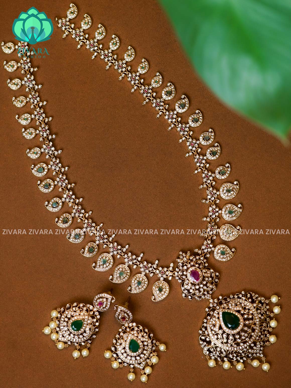 GREEN AND RUBY - AD MOTIF FREE GOLD  polish MIDCHEST haaram/neckwear with earrings- Zivara Fashion