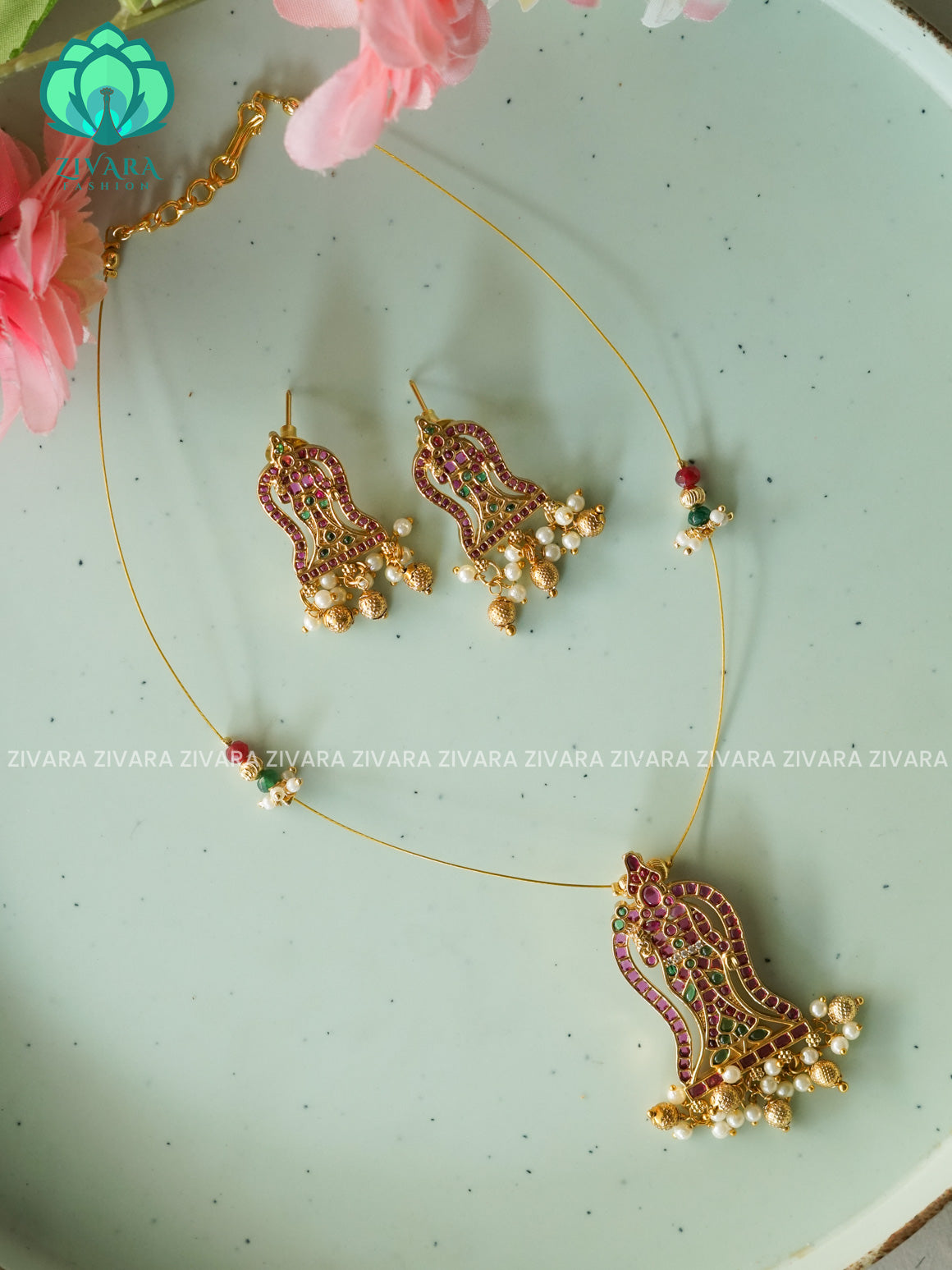 Kamakshi- Real kemp pendant INVISIBLE MINIMAL ELEGANT HANDMADE NECKLACE WITH BRILLIANT FINISH MOTIFS- ZIVARA FASHION