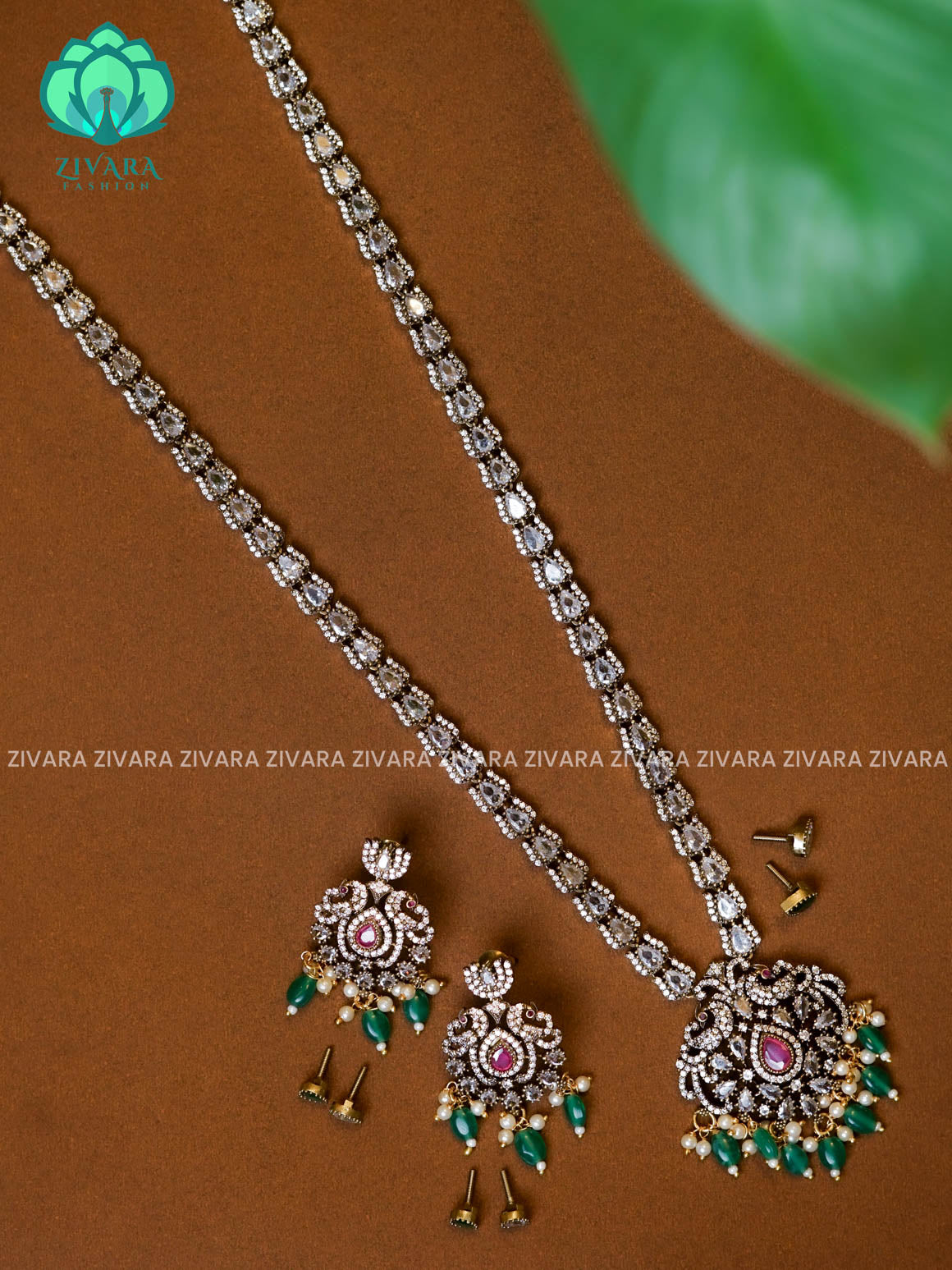 DARK GREEN  - Interchangable stone Traditional DARK VICTORIA polish MIDCHEST haaram/neckwear with earrings- Zivara Fashion