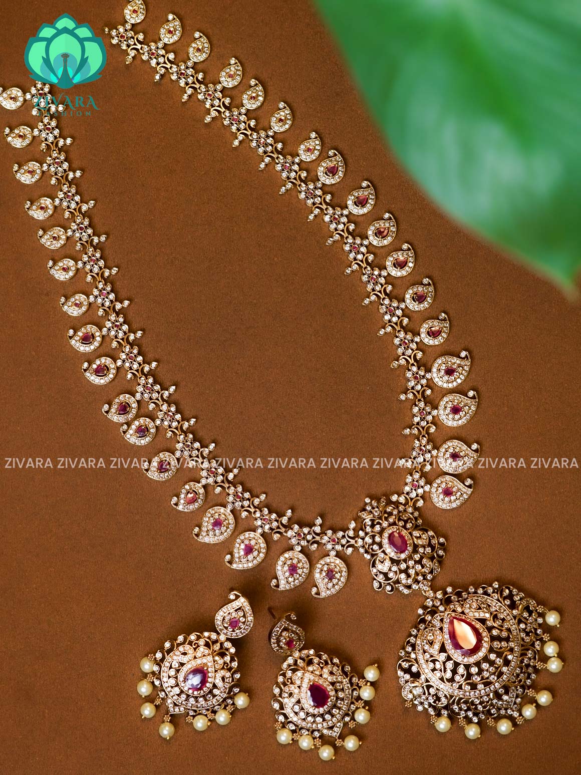 RUBY - AD MOTIF FREE GOLD  polish MIDCHEST haaram/neckwear with earrings- Zivara Fashion