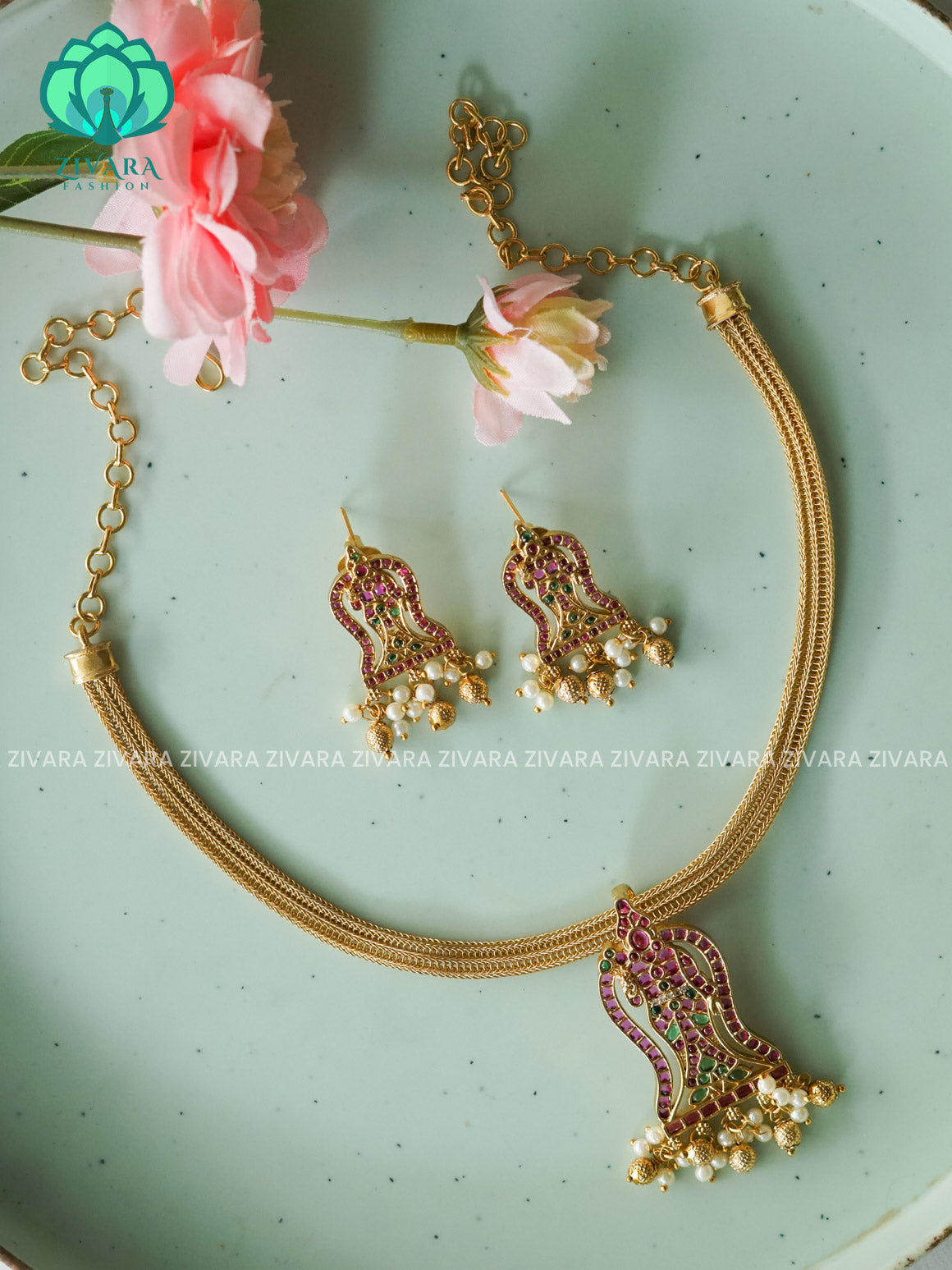 Kamakshi  Flexible chain- Traditional south indian PREMIUM  MATTE neckwear with earrings - Zivara Fashion