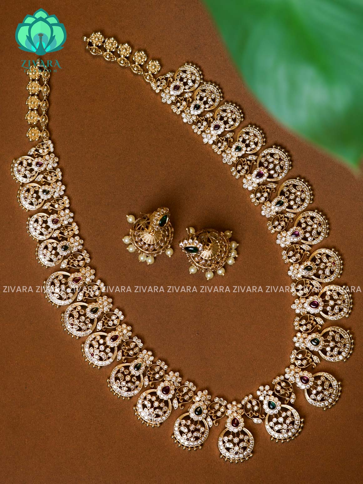 BRIDAL STONE  - Traditional PREMIUM MATTE polish MIDCHEST haaram/neckwear with earrings- Zivara Fashion