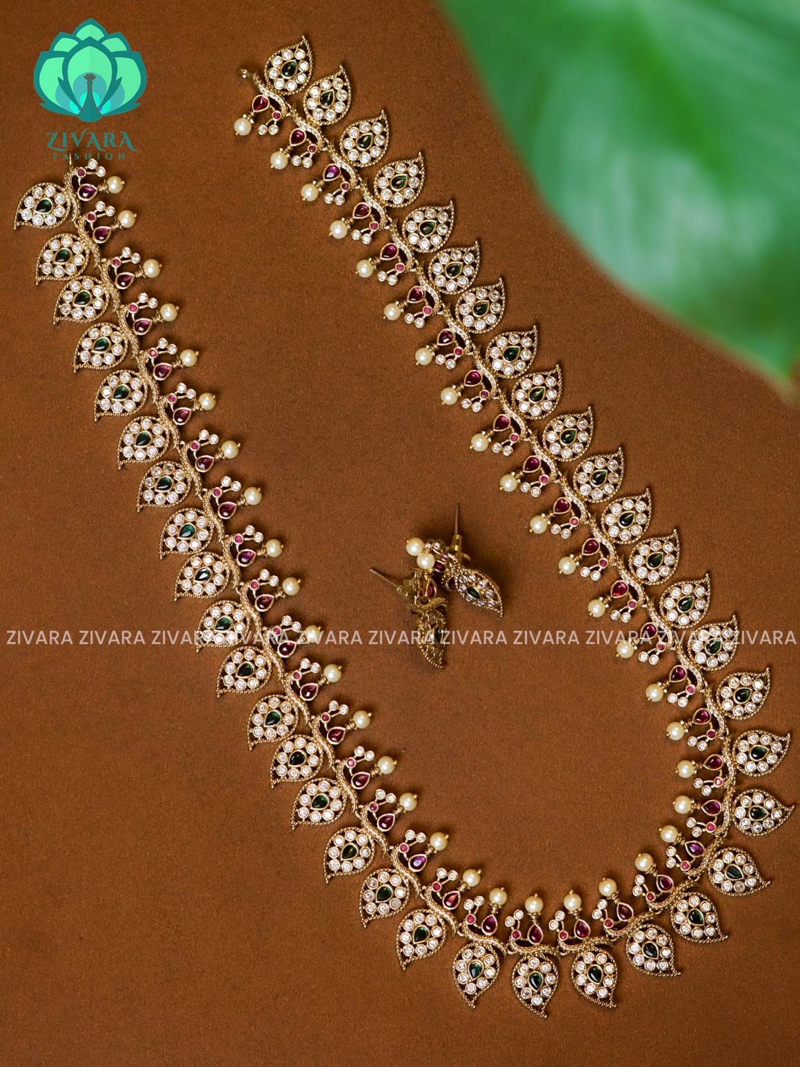 SIMPLE MANGO STONE LONG - Traditional PREMIUM MATTE polish MIDCHEST haaram/neckwear with earrings- Zivara Fashion