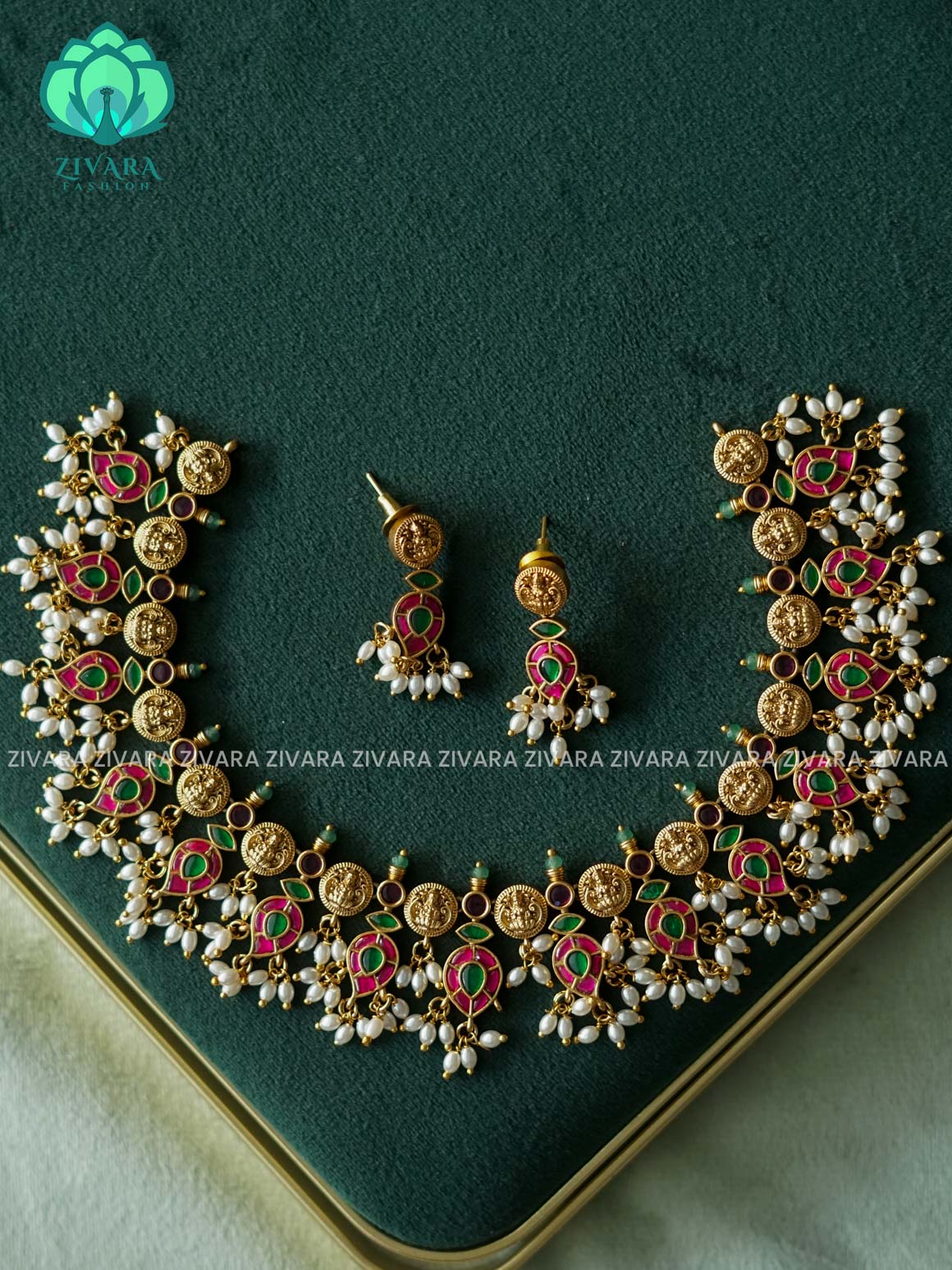 AKSHAYAM - JADAU TEMPLE WITH MANGO MOTIF BRIDAL NECKWARE WITH HANGINGS - Traditional south indian premium neckwear with earrings- Zivara Fashion- latest jewellery design