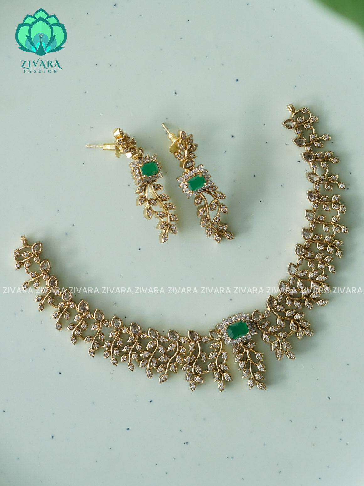 GREEN LEAFY  DIAMOND REPLICA - stylish and minimal elegant neckwear with earrings- Zivara Fashion