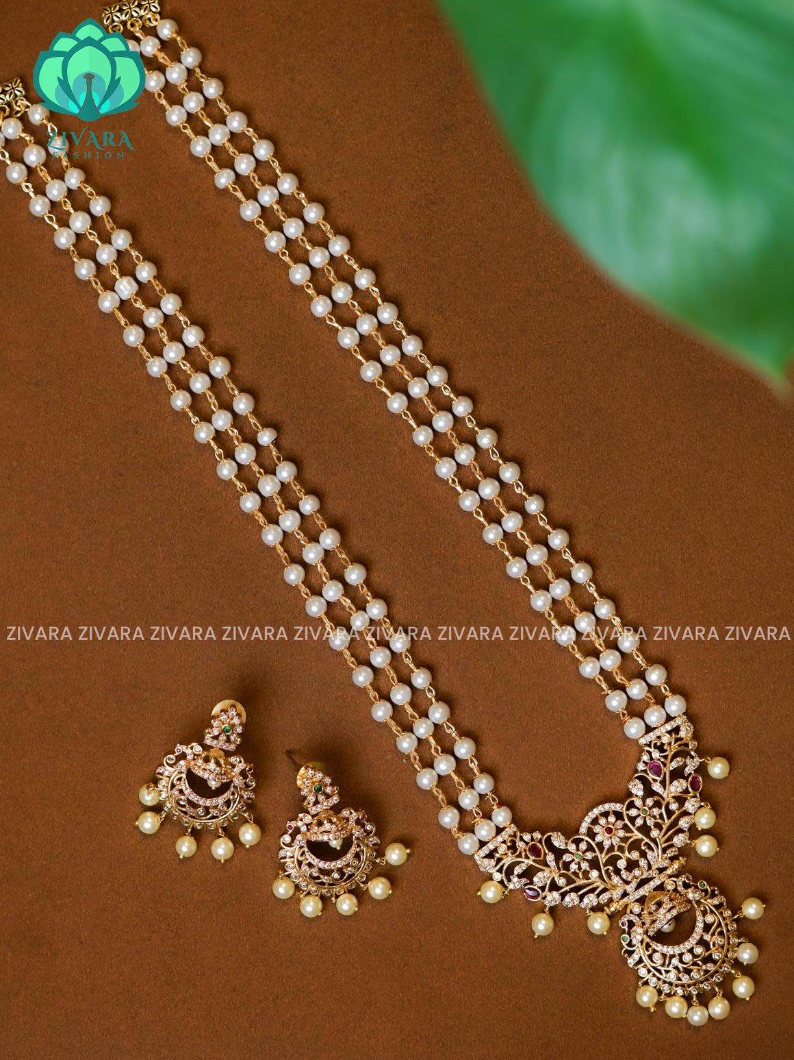 RUBY AND GREEN- PEACOCK -PEARL CHAIN - Traditional PREMIUM MATTE polish MIDCHEST haaram/neckwear with earrings- Zivara Fashion