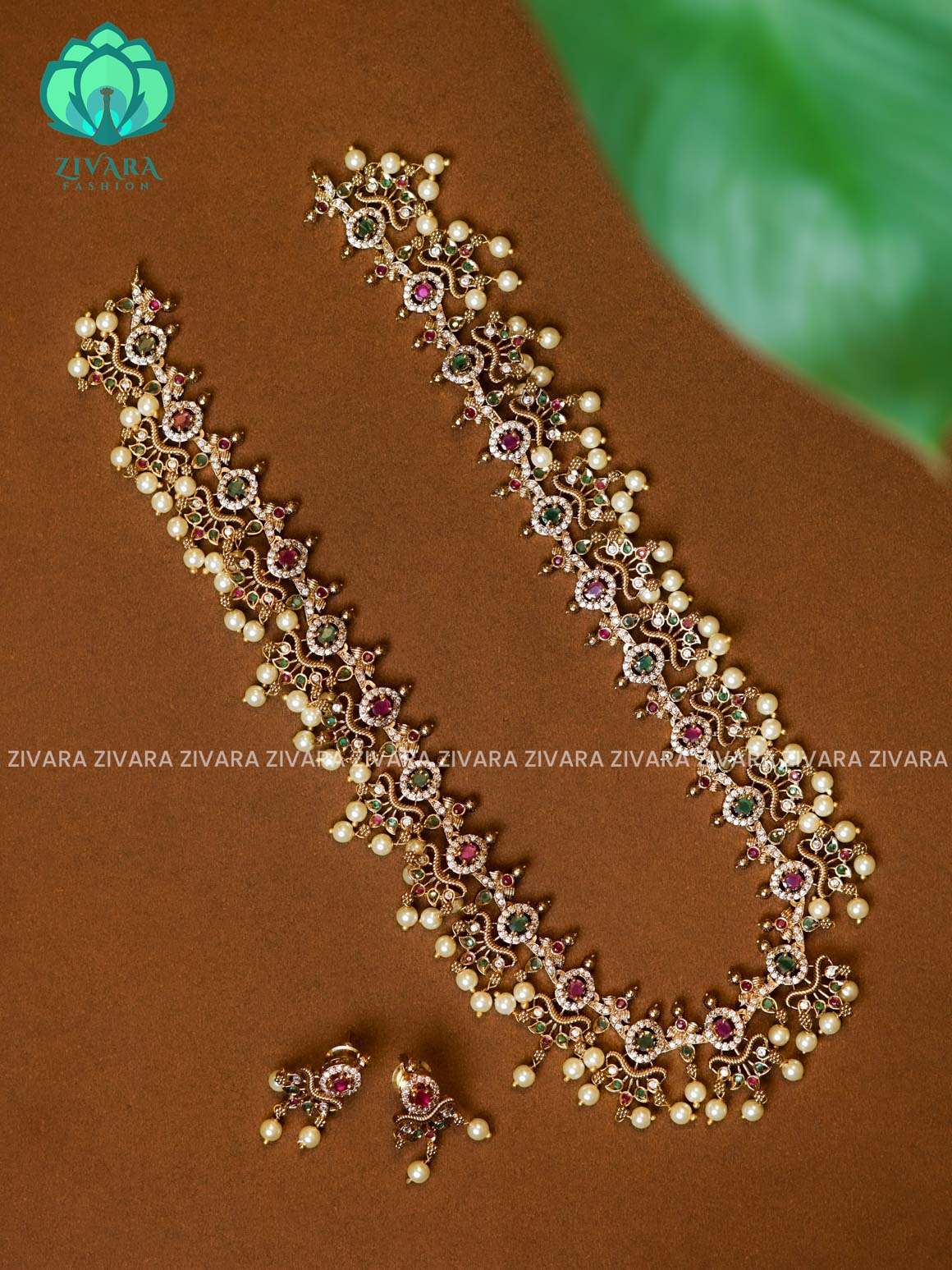 SIMPLE RUBY GREEN STONE- Traditional PREMIUM MATTE polish MIDCHEST haaram/neckwear with earrings- Zivara Fashion