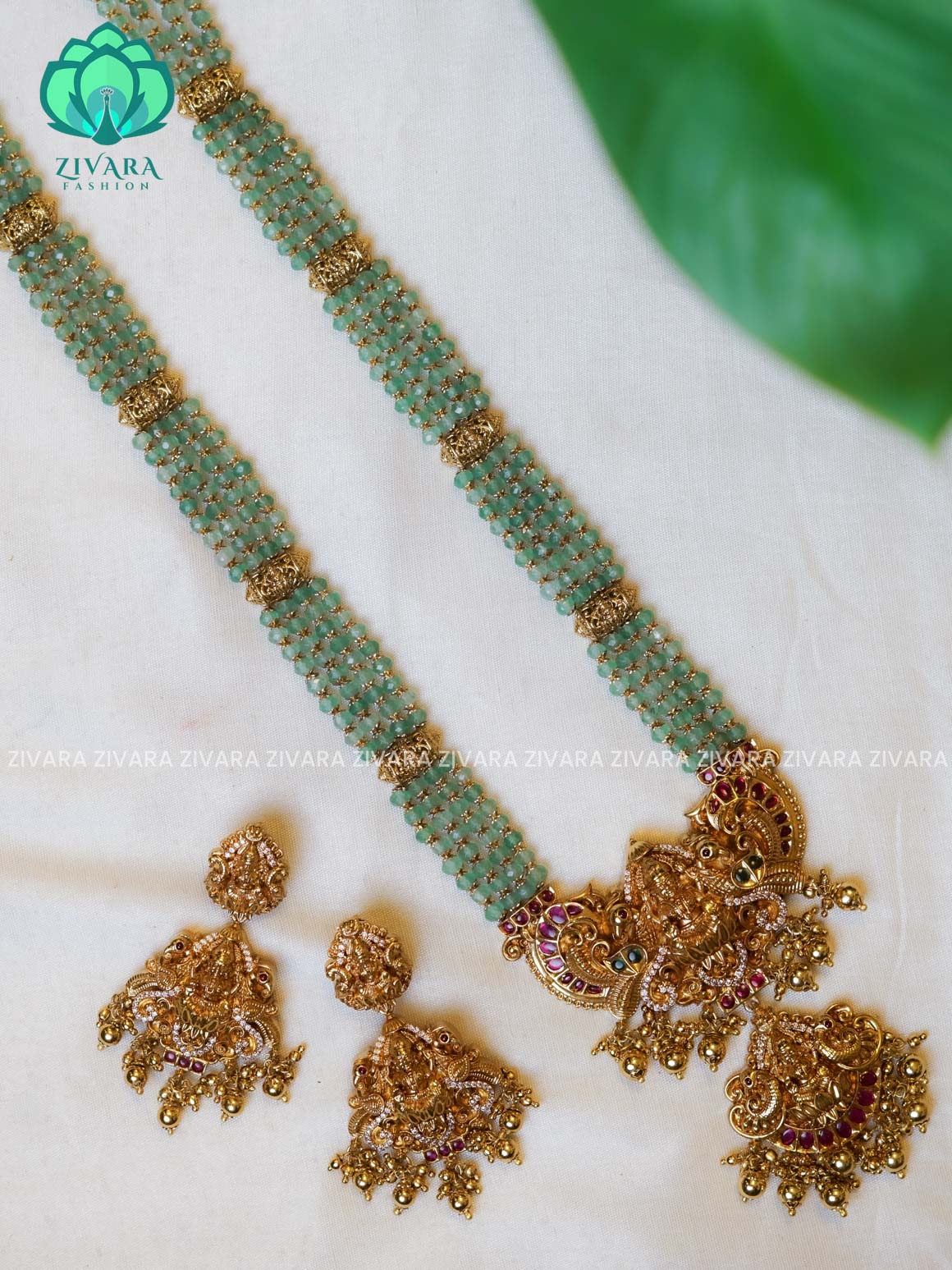 PASTEL GREEN BEADS - Traditional PREMIUM MATTE polish MIDCHEST haaram/neckwear with earrings- Zivara Fashion