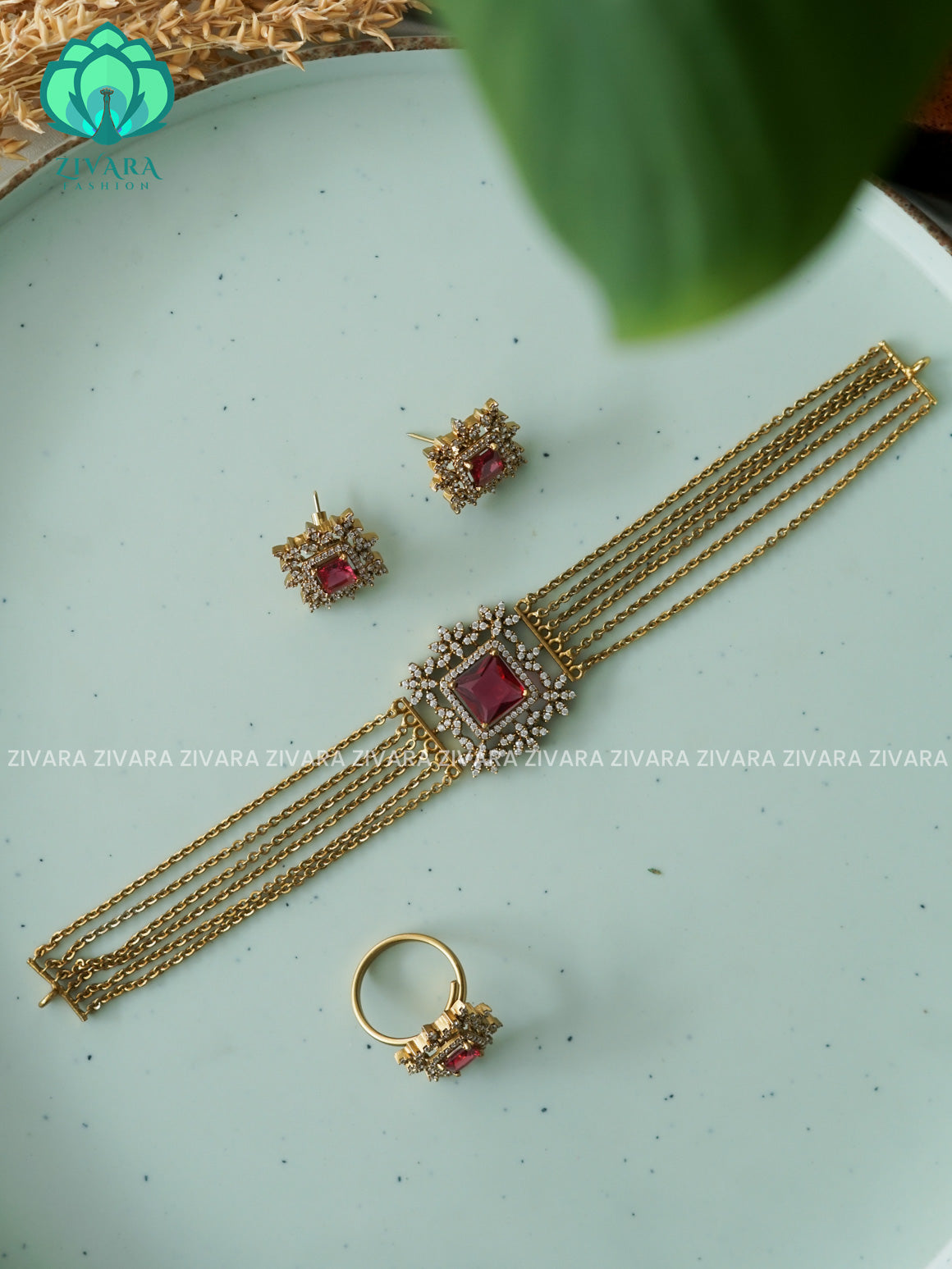 RUBY - COMBO OF GOLD CHAIN CHOKER WITH EARRINGS AND RING - CZ matte finish- Zivara Fashion