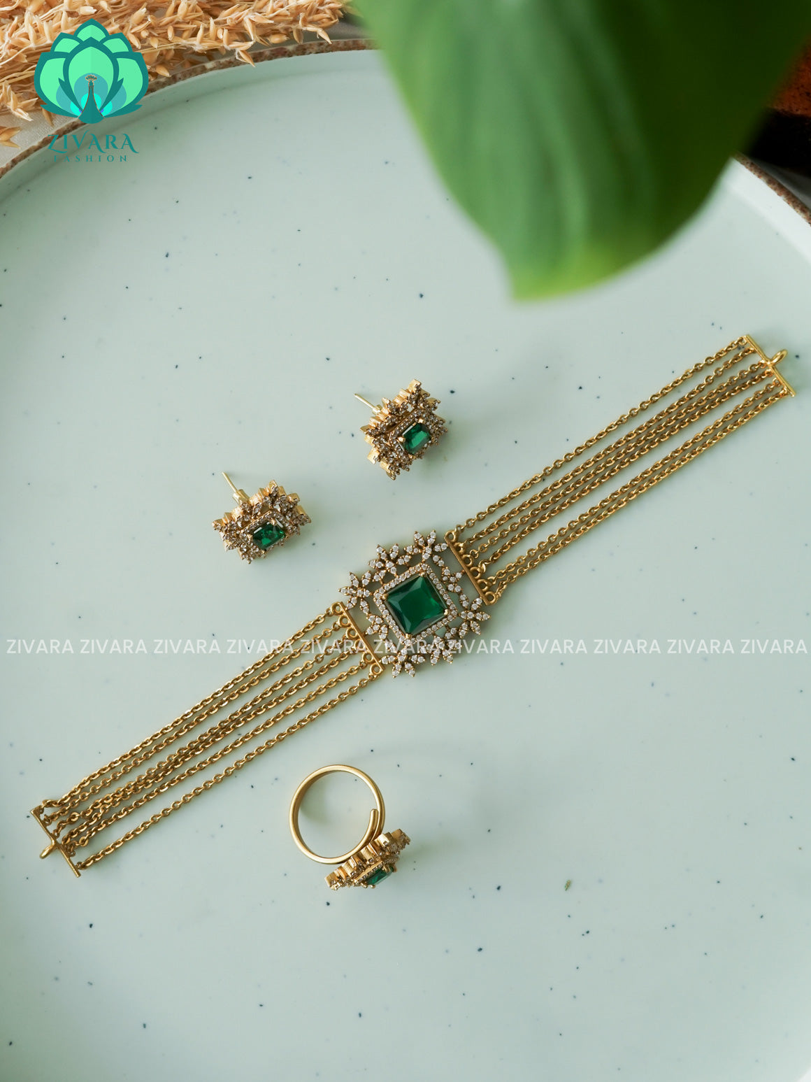 GREEN- COMBO OF GOLD CHAIN CHOKER WITH EARRINGS AND RING - CZ matte finish- Zivara Fashion