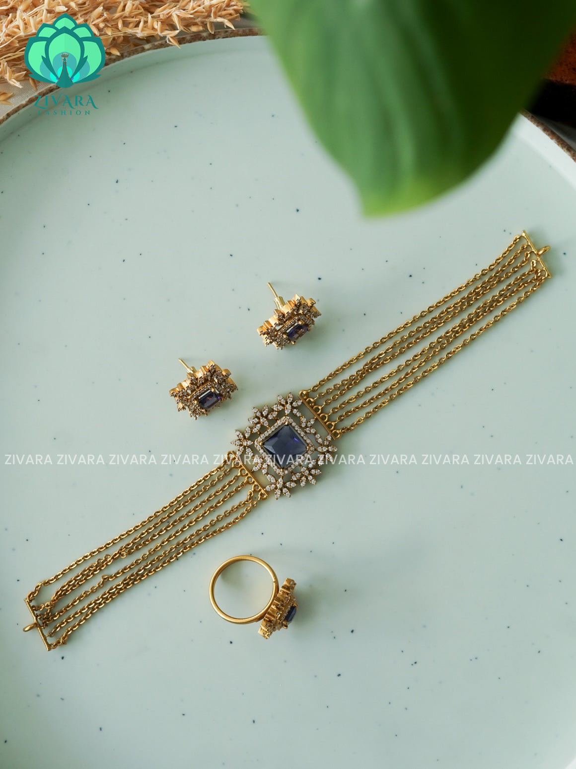 PURPLE - COMBO OF GOLD CHAIN CHOKER WITH EARRINGS AND RING - CZ matte finish- Zivara Fashion