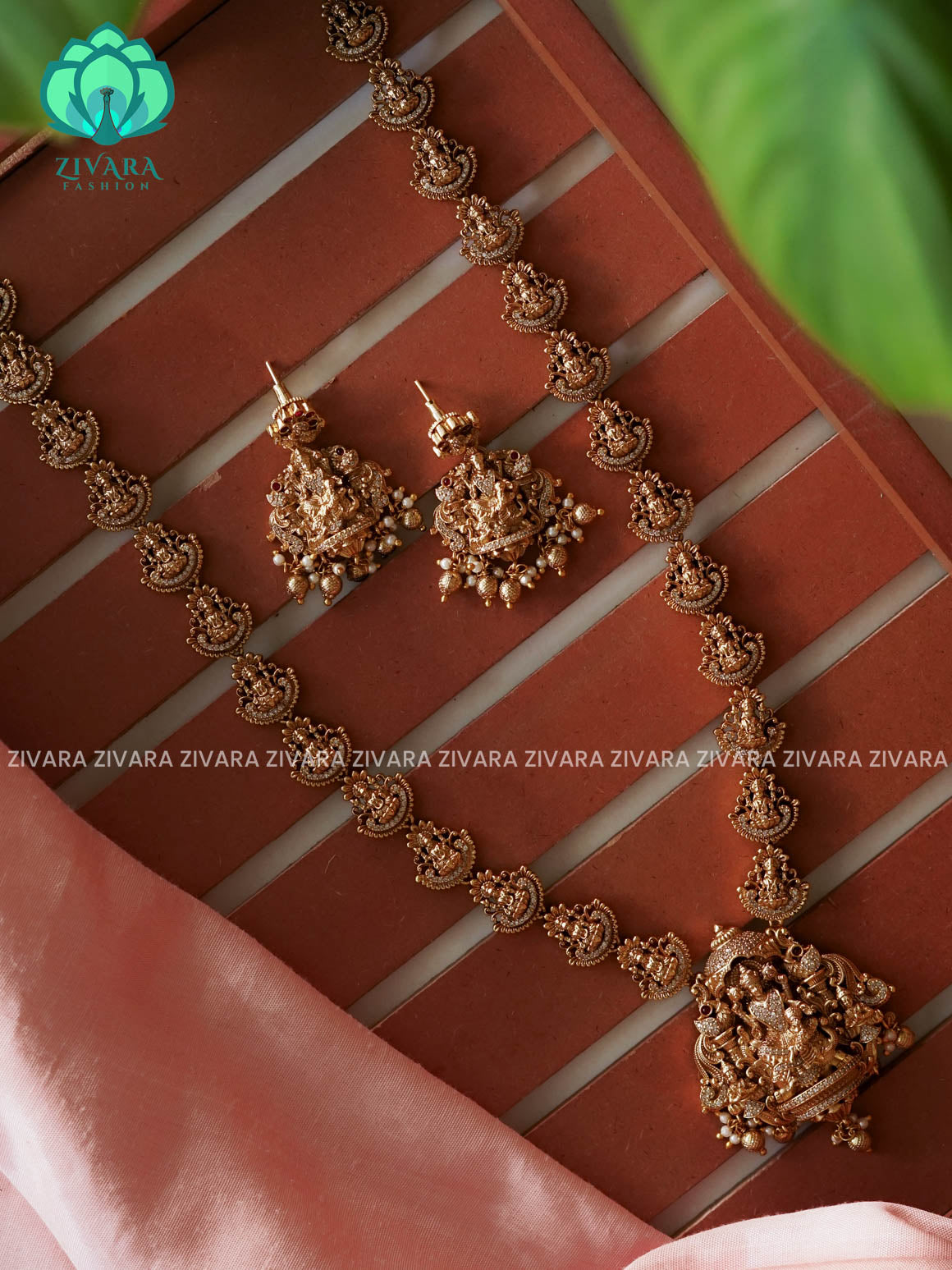 TEMPLE LONG CHAIN - Traditional PREMIUM MATTE polish MIDCHEST haaram/neckwear with earrings- Zivara Fashion