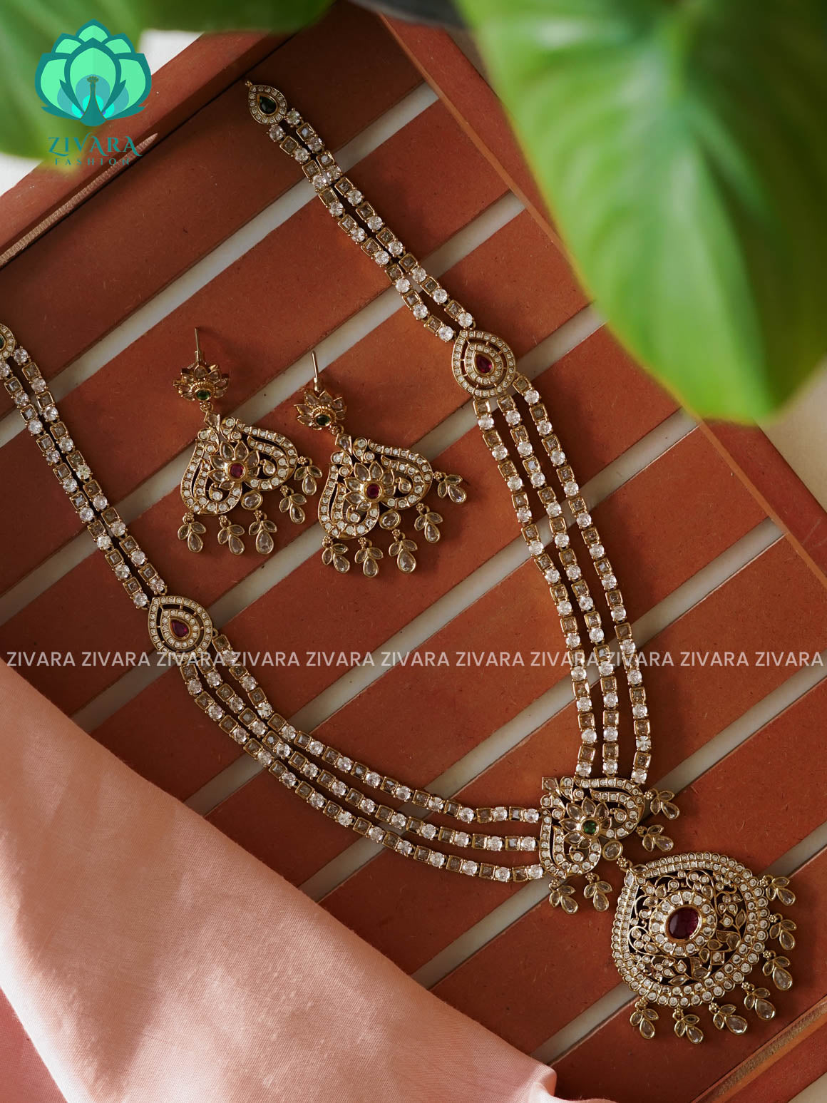 Layer white stone - Traditional PREMIUM MATTE polish MIDCHEST haaram/neckwear with earrings- Zivara Fashion