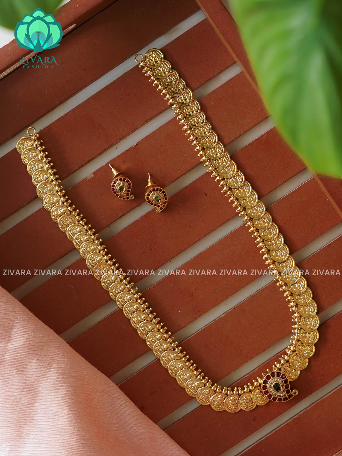 TEMPLE LONG CHAIN coin - Traditional PREMIUM MATTE polish MIDCHEST haaram/neckwear with earrings- Zivara Fashion