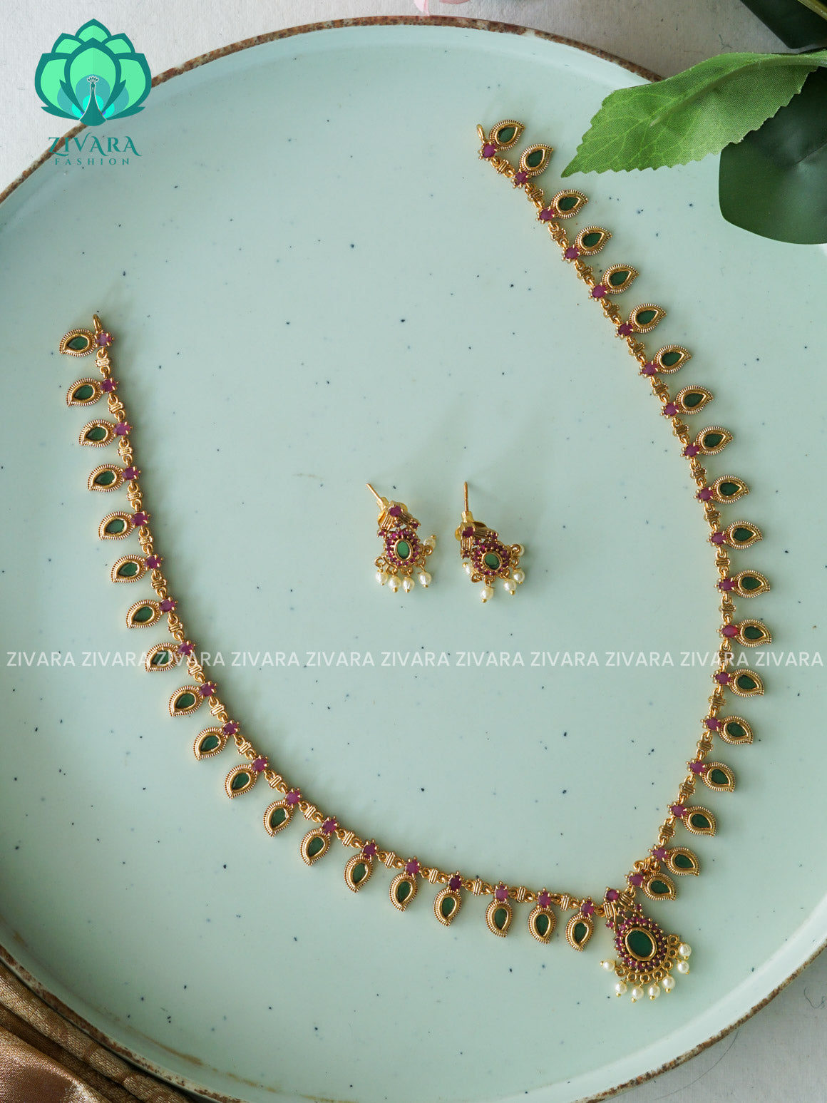 ANANYA SERIES - DARK GREEN MANGO PALAKKA - Traditional PREMIUM  MATTE polish MIDCHEST haaram/neckwear with earrings- Zivara Fashion