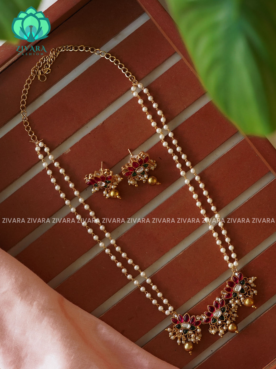 RUBY GREEN LOTUS Pearl Neckset - Normal matte Neckwear with earrings-latest south indian jewellery