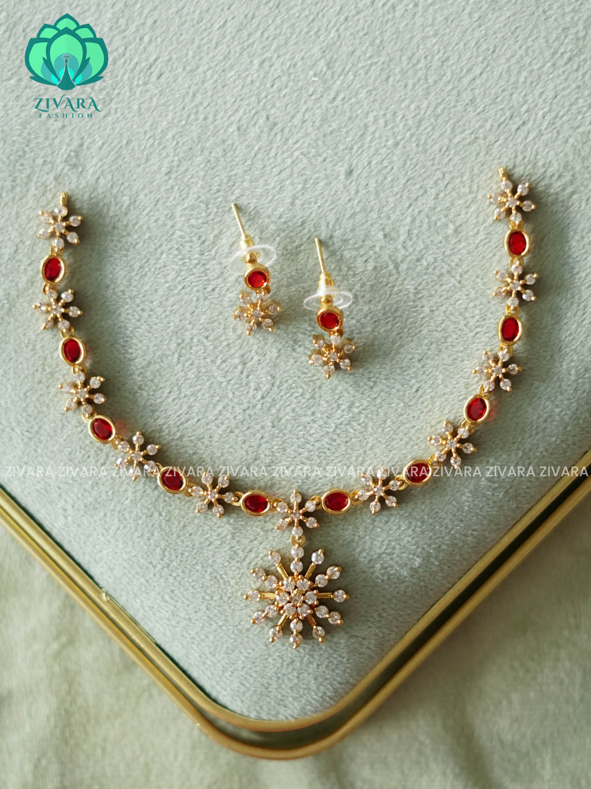 WHITE SNOW FLAKE RUBY OVAL STONE  NECKWEAR - KIDS FRIENDLY -  stylish and minimal elegant neckwear with earrings- Zivara Fashion