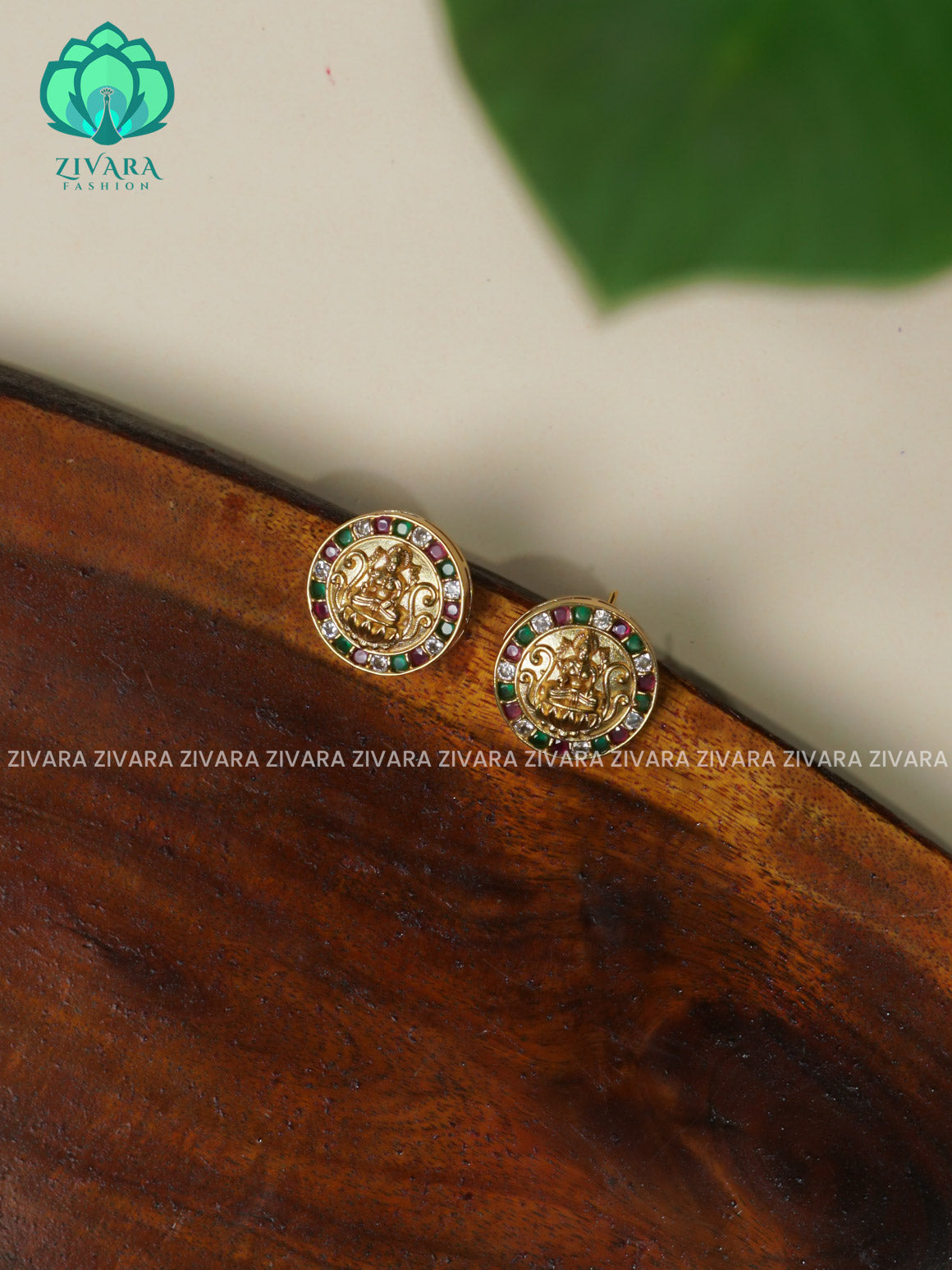 RUBY GREEN WHITE TEMPLE COIN- TRADITIONAL PREMIUM MATTE STUD- latest jewellery collection- zivara fashion