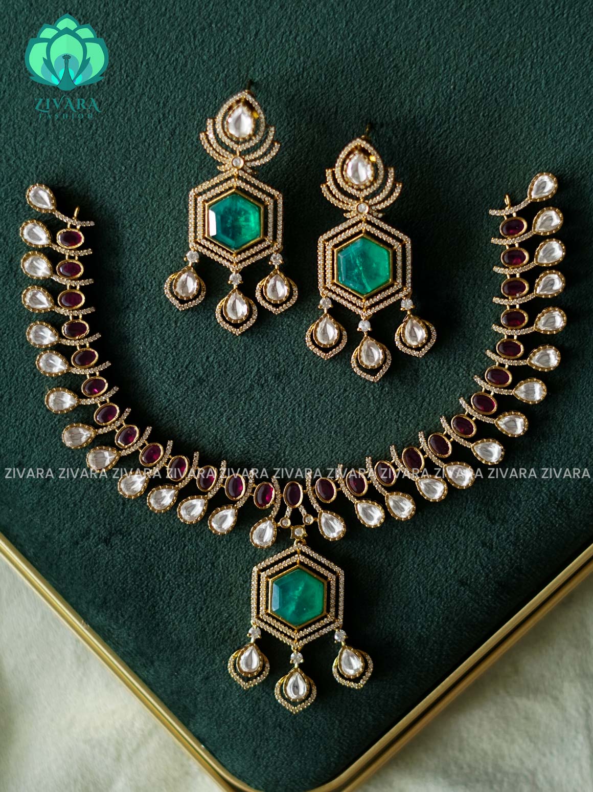 GREEN WHITE RUBY POLKI STONE  - SUBTLE POLISH stylish and minimal elegant neckwear with earrings- Zivara Fashion