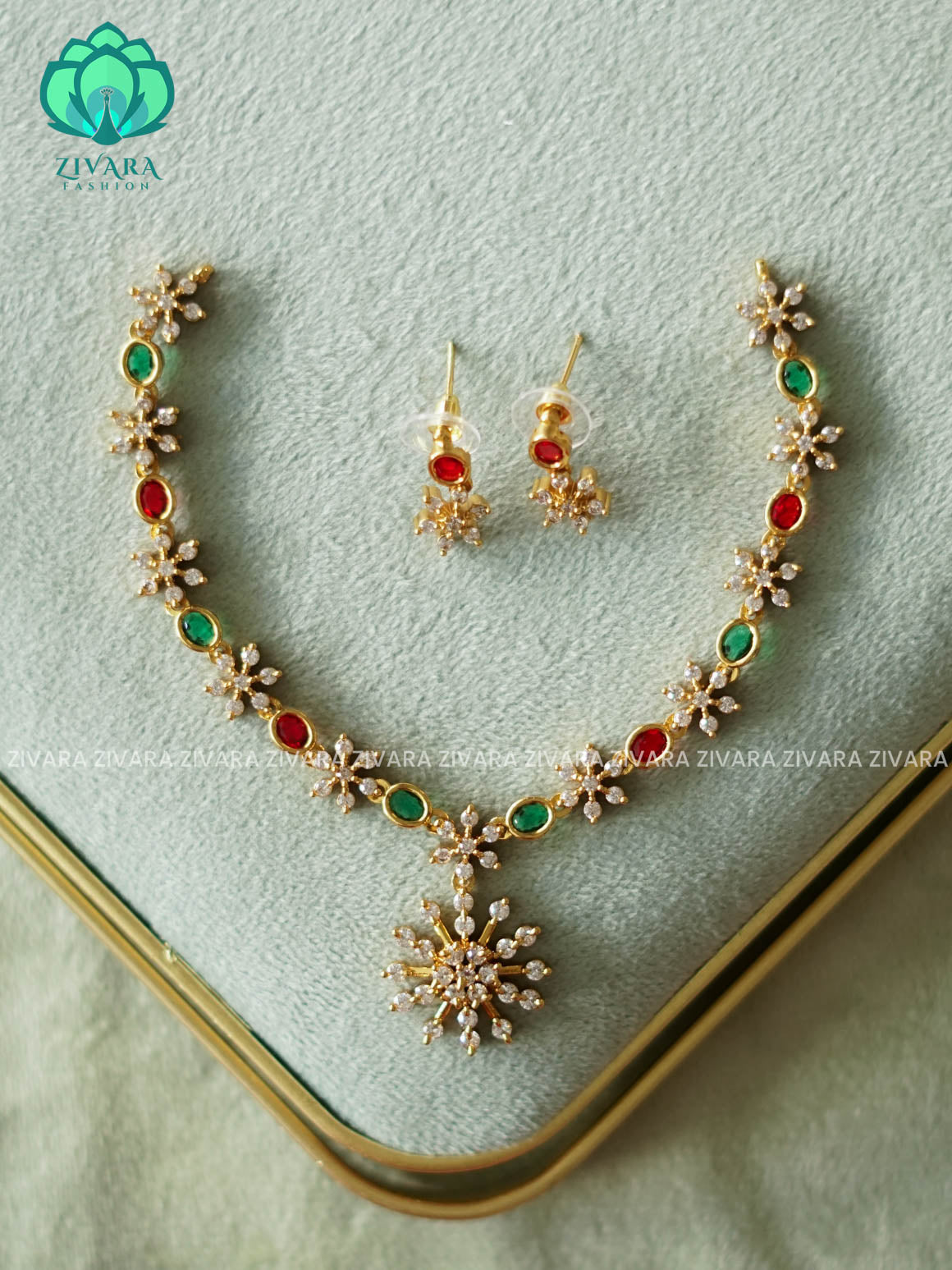 WHITE SNOW FLAKE RUBY GREEN  OVAL STONE  NECKWEAR - KIDS FRIENDLY -  stylish and minimal elegant neckwear with earrings- Zivara Fashion