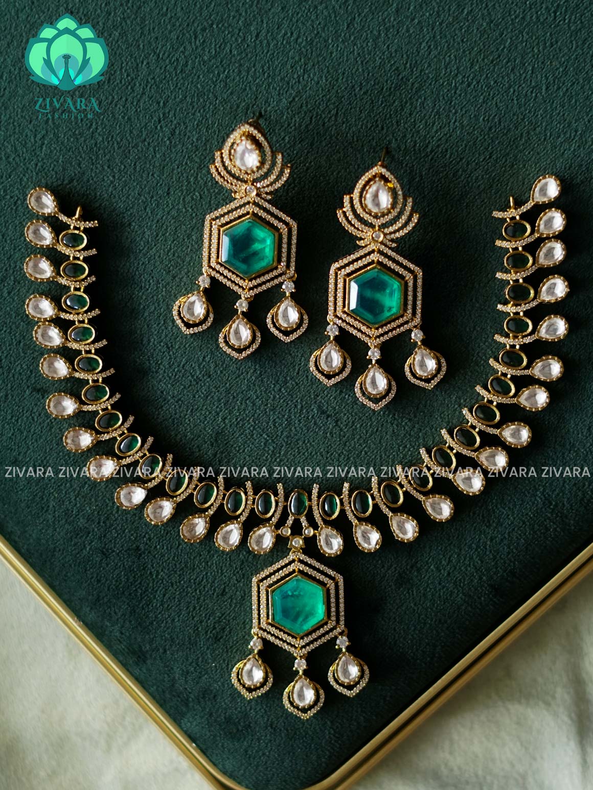 GREEN STONE - SUBTLE POLISH stylish and minimal elegant neckwear with earrings- Zivara Fashion