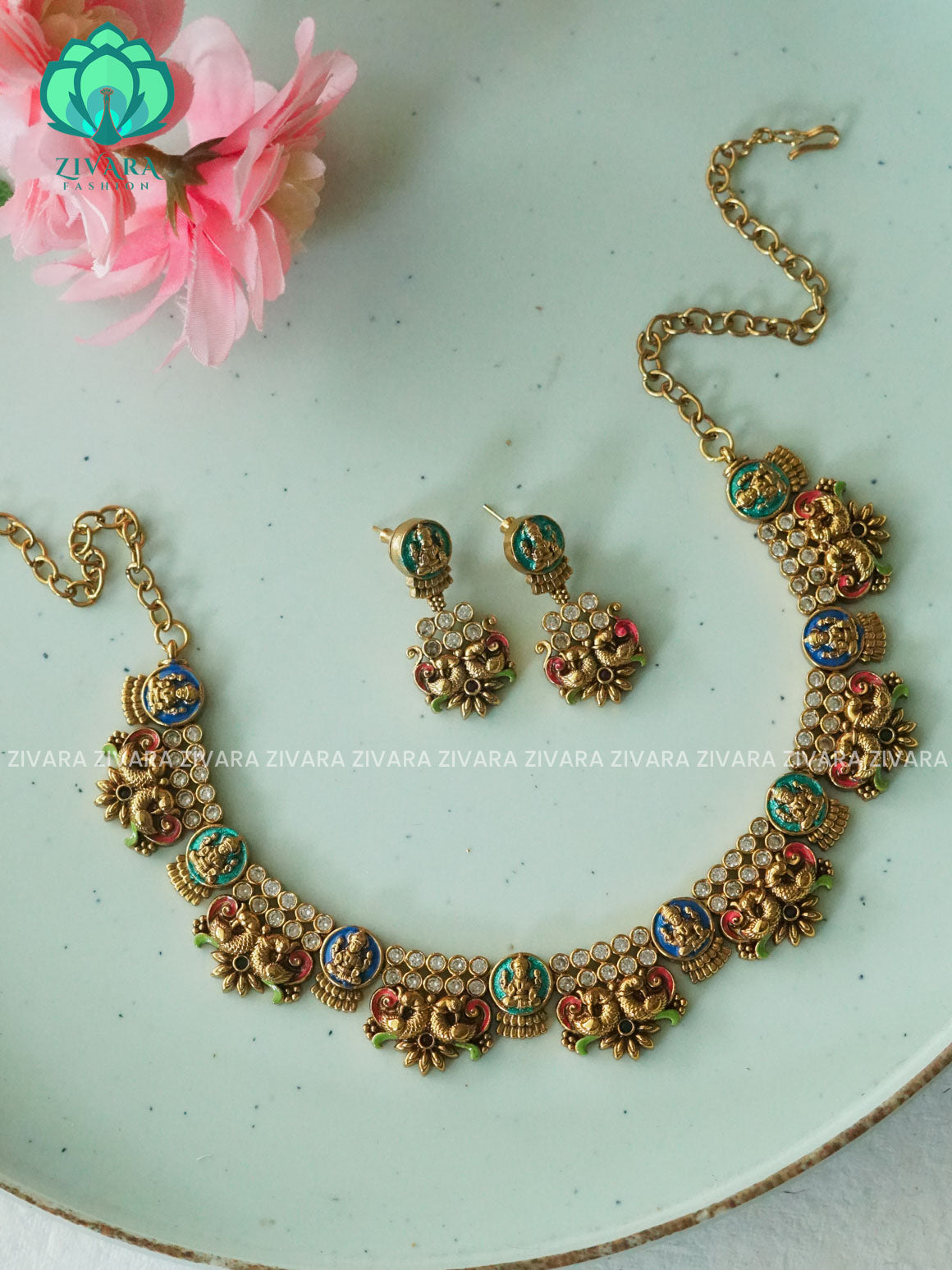 MADHURYA -  GRAND BRIDAL VINTAGE FINISH  handpainted - Traditional south indian premium neckwear with earrings- Zivara Fashion- latest jewellery design