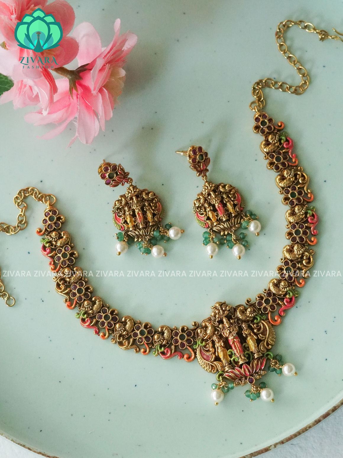 MADHURYA -  GRAND BRIDAL VINTAGE FINISH  handpainted - Traditional south indian premium neckwear with earrings- Zivara Fashion- latest jewellery design