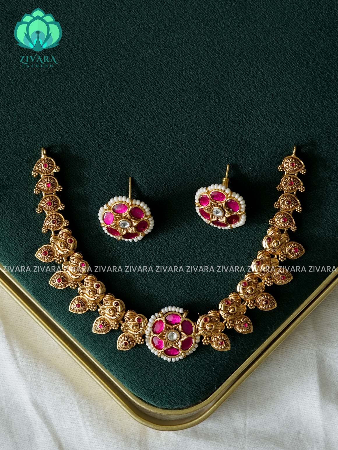 AKSHAYAM - JADAU FLOWER NECKWEAR  -Traditional south indian premium neckwear with studs - Zivara Fashion- latest jewellery design