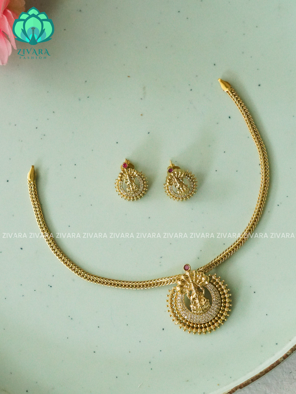 TEMPLE PENDANT  - FLEXIBLE CHAIN WITH HANGINGS -Traditional south indian premium neckwear with earrings- Zivara Fashion- latest jewellery design