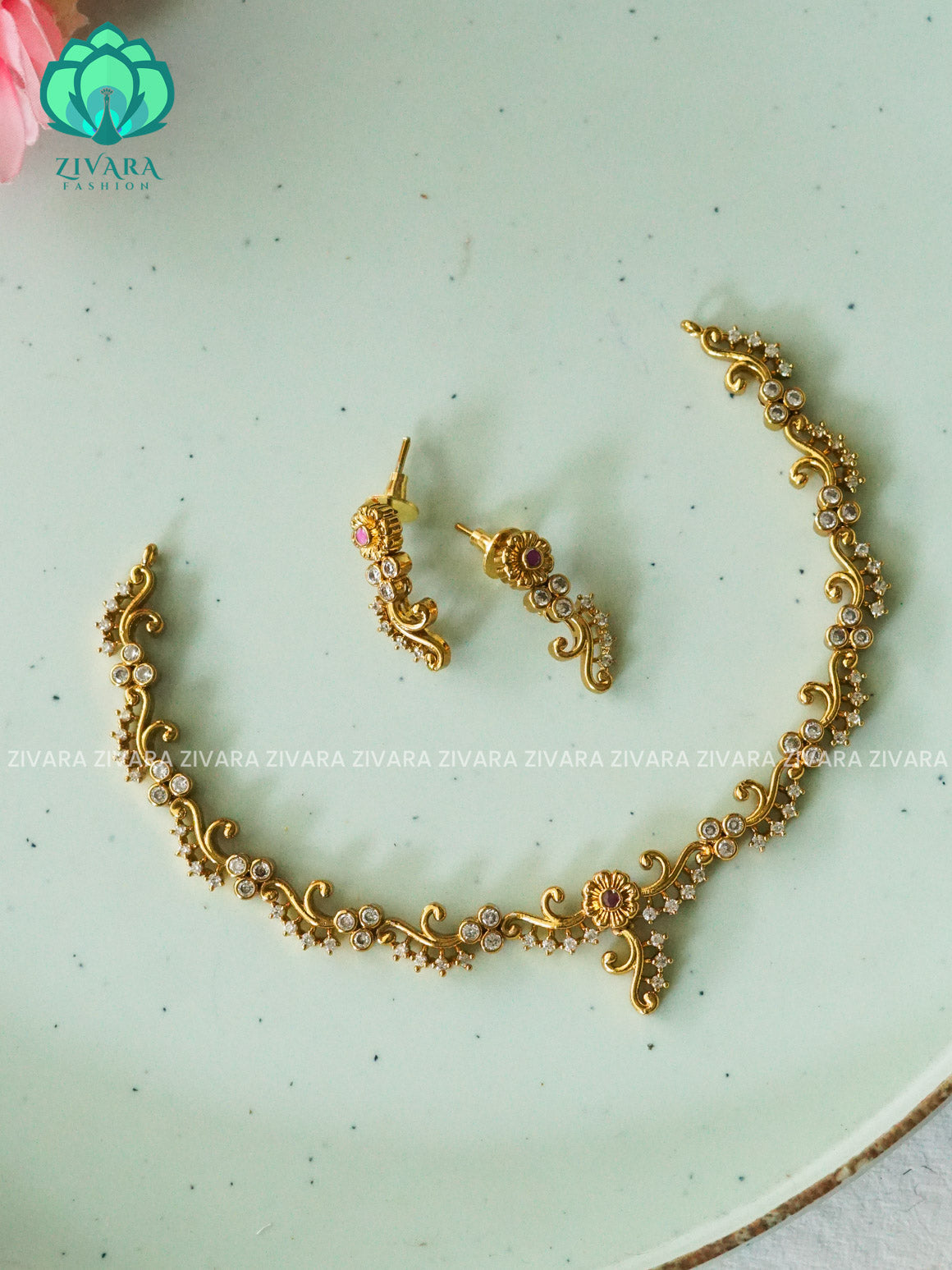 SIMPLE NECK WEAR WITh EARRINGS   - Premium quality CZ Matte collection-south indian jewellery