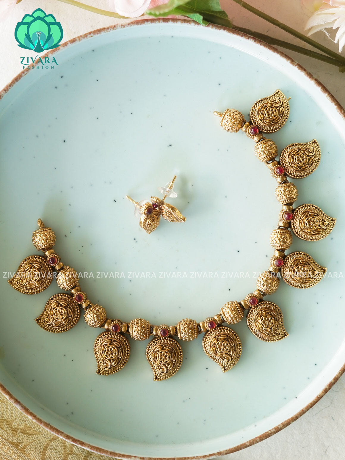 RUBY HOT SELLING  MANGO PEACOCK  Traditional south indian NORMAL MATTE neckwear with earrings- Zivara Fashion- latest jewellery desigN